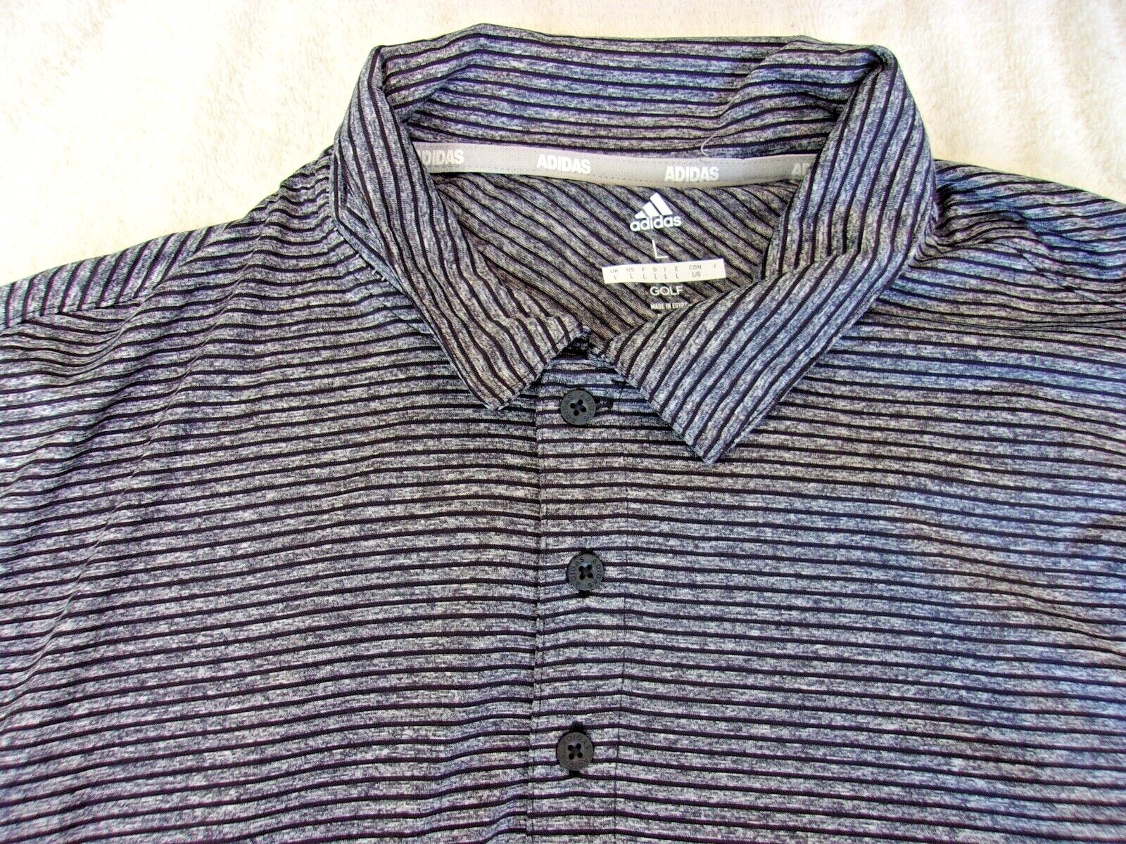 NWT Adidas polo, mens S, M, L, or XXL, gray, black stripes, pointed collar, $60