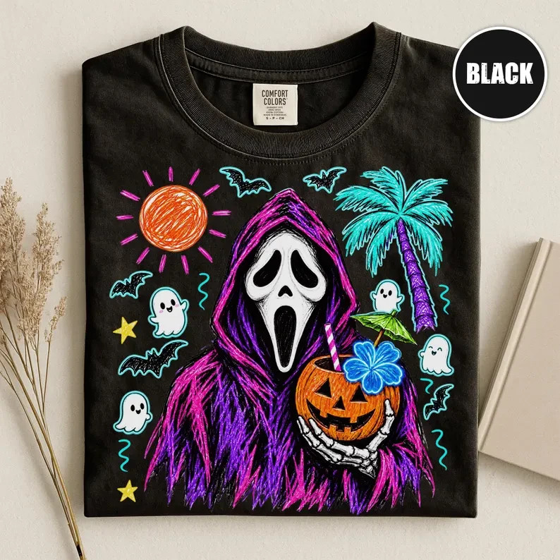 Spooky Ghost Mask Halloween Shirt Tropical Pumpkin Drink Tee Gildan Unisex