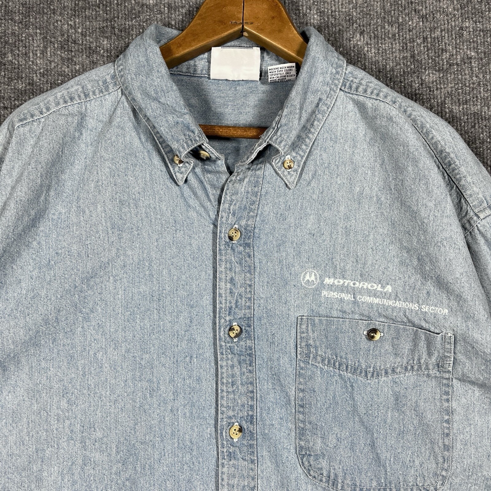 VINTAGE 90s Motorola Employee Shirt Mens XL Denim Chambray Tech Promo Cell Phone