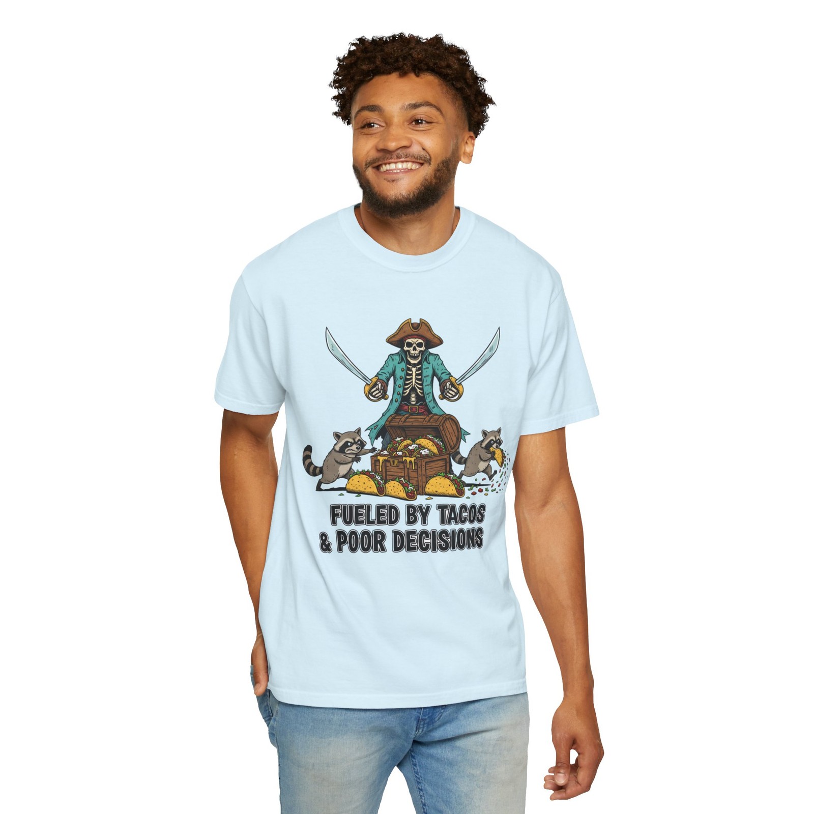 Fueled by Tacos & Poor Decisions T-Shirt | Pirate Skeleton Taco Design