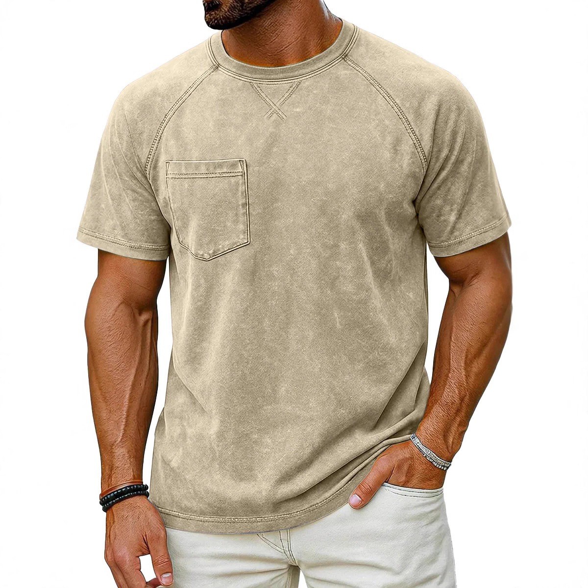 Men’s Vintage Washed Raglan Short Sleeve T-Shirt, Pocket Crew Neck Casual Tee