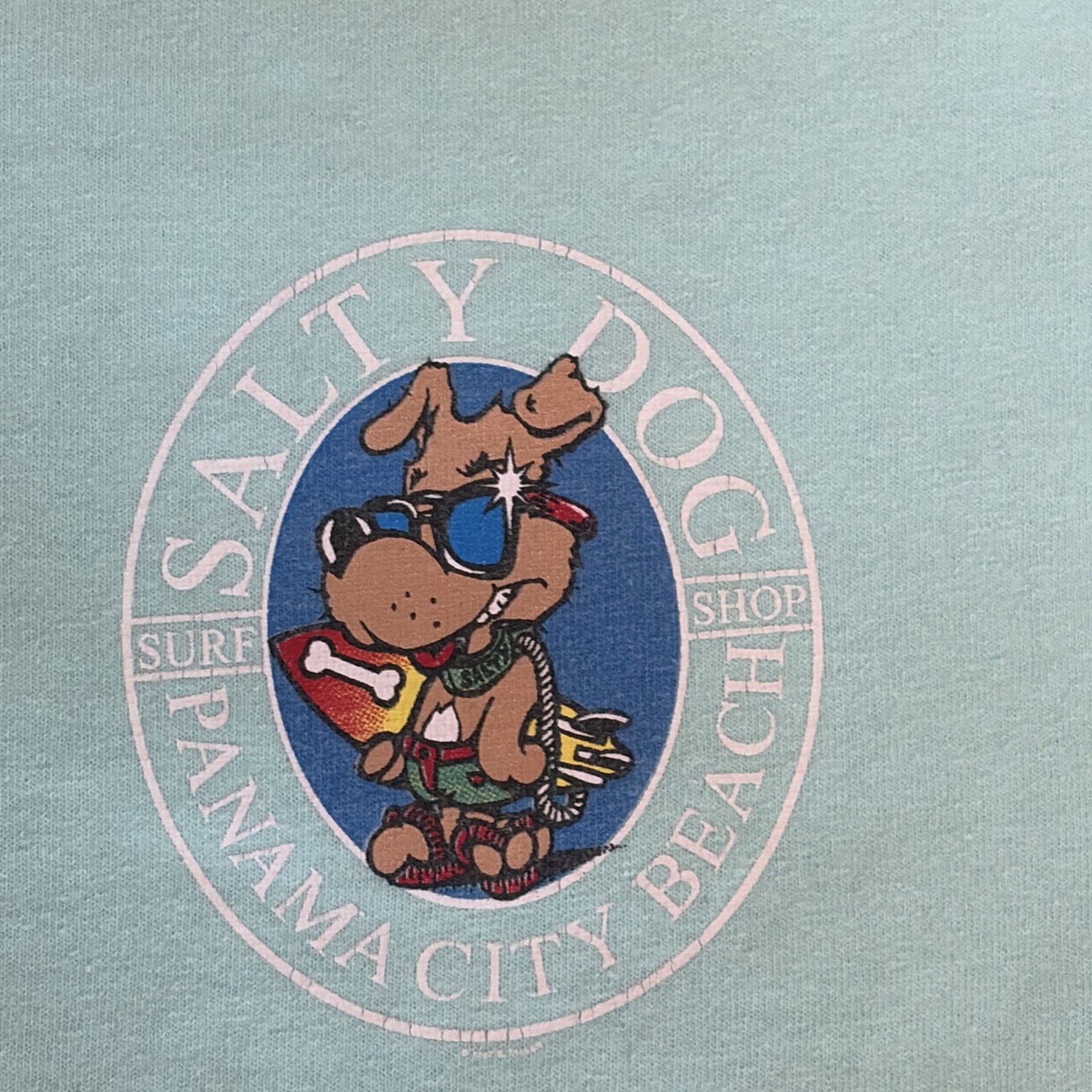 90s Y2K Vintage Salty Dog T-Shirt Turquoise Size Large Mens Panama City Anvil