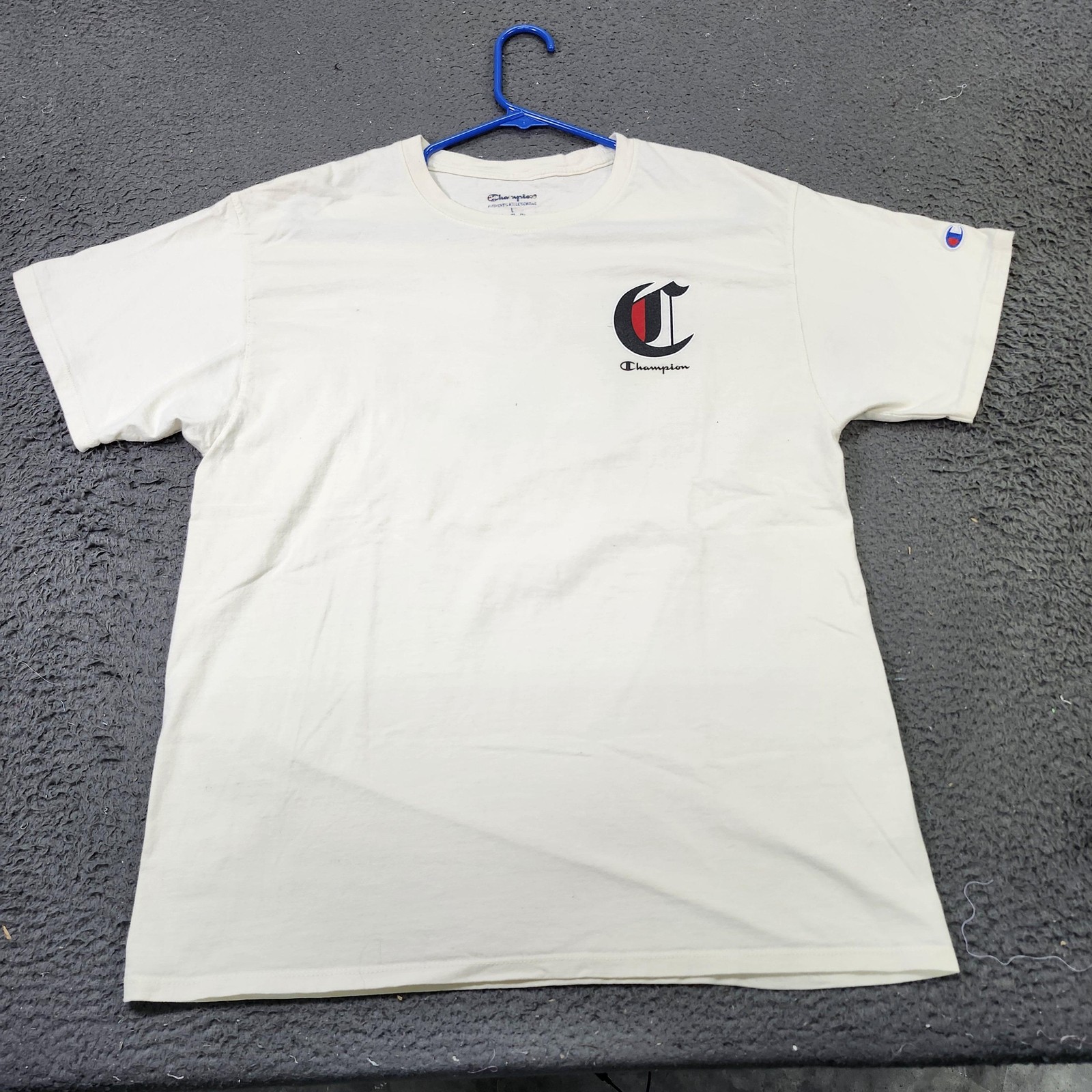 Champion Shirt Mens Large White Big C Logo Double Sided Graphic Tee Crewneck