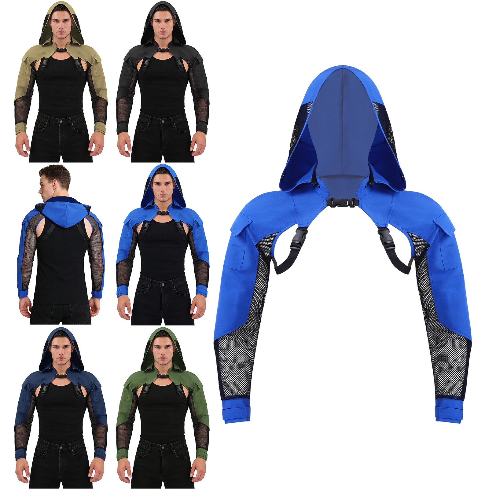 US Mens Crop Tops Mesh Jackets Outwear Work Shirts With Buckle Shoulder Armor