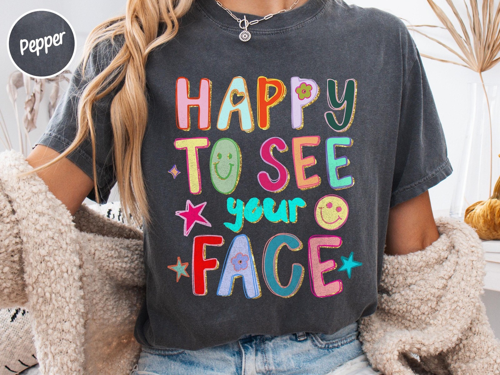Comfort Colors Teacher T-Shirt Happy To See Your Face Doodle Stars