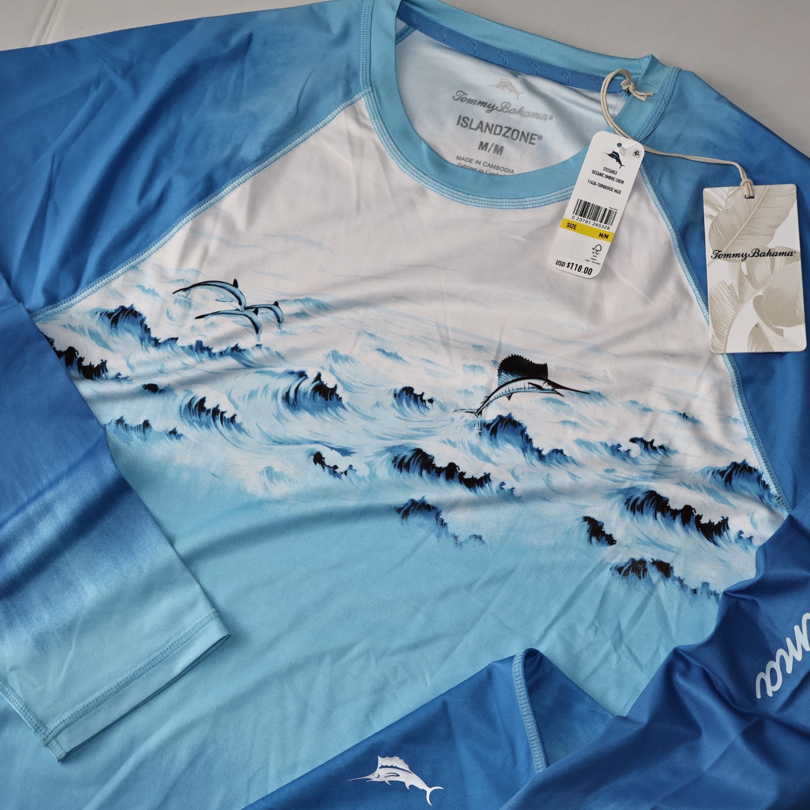 Tommy Bahama T Tee Shirt Oceanic Ombre Crew Performance Turquoise LS Medium M