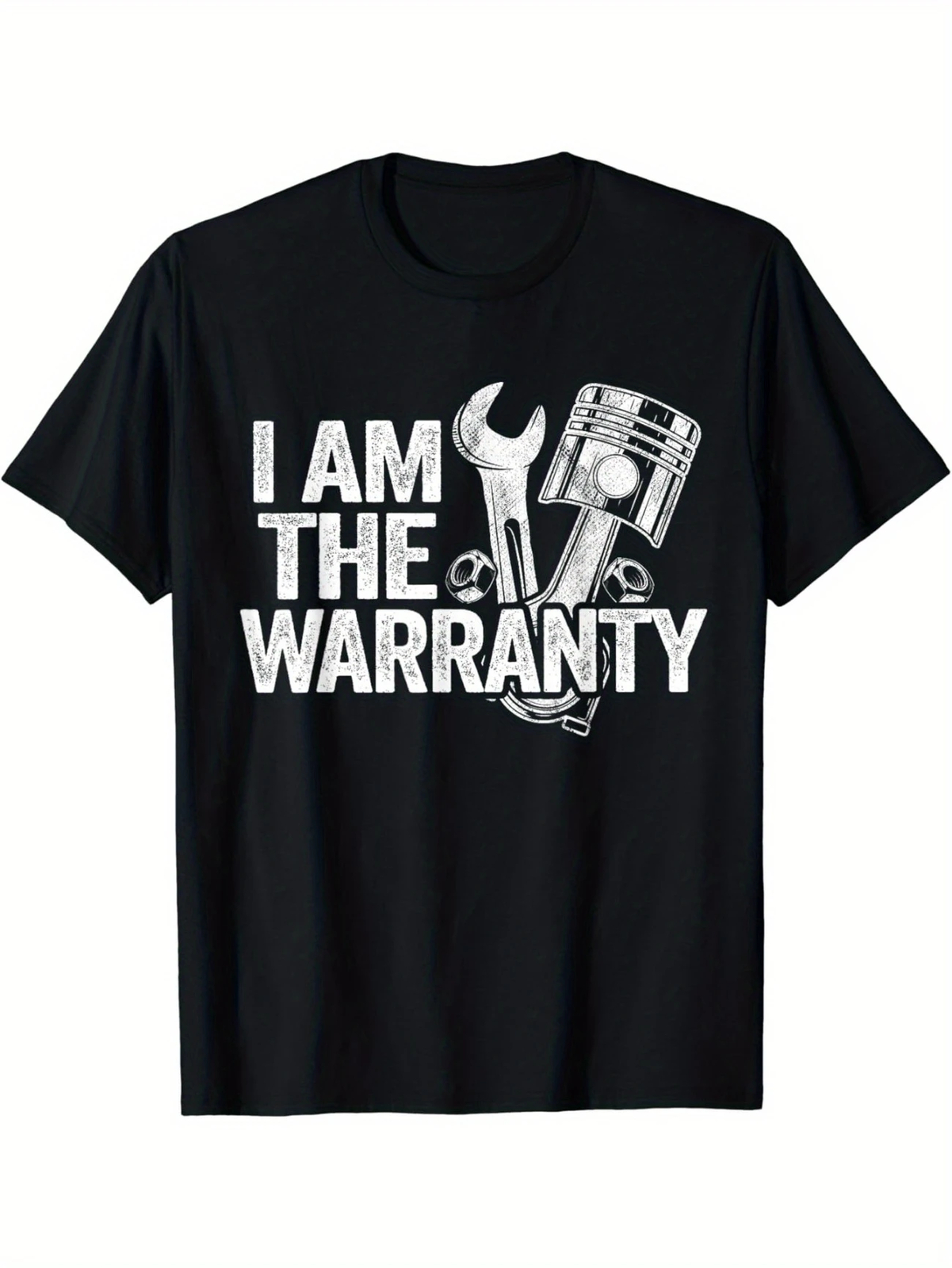 1pc Mechanic Humor Cotton T-Shirt, Geometric-Patterned “I Am The Warranty” Print
