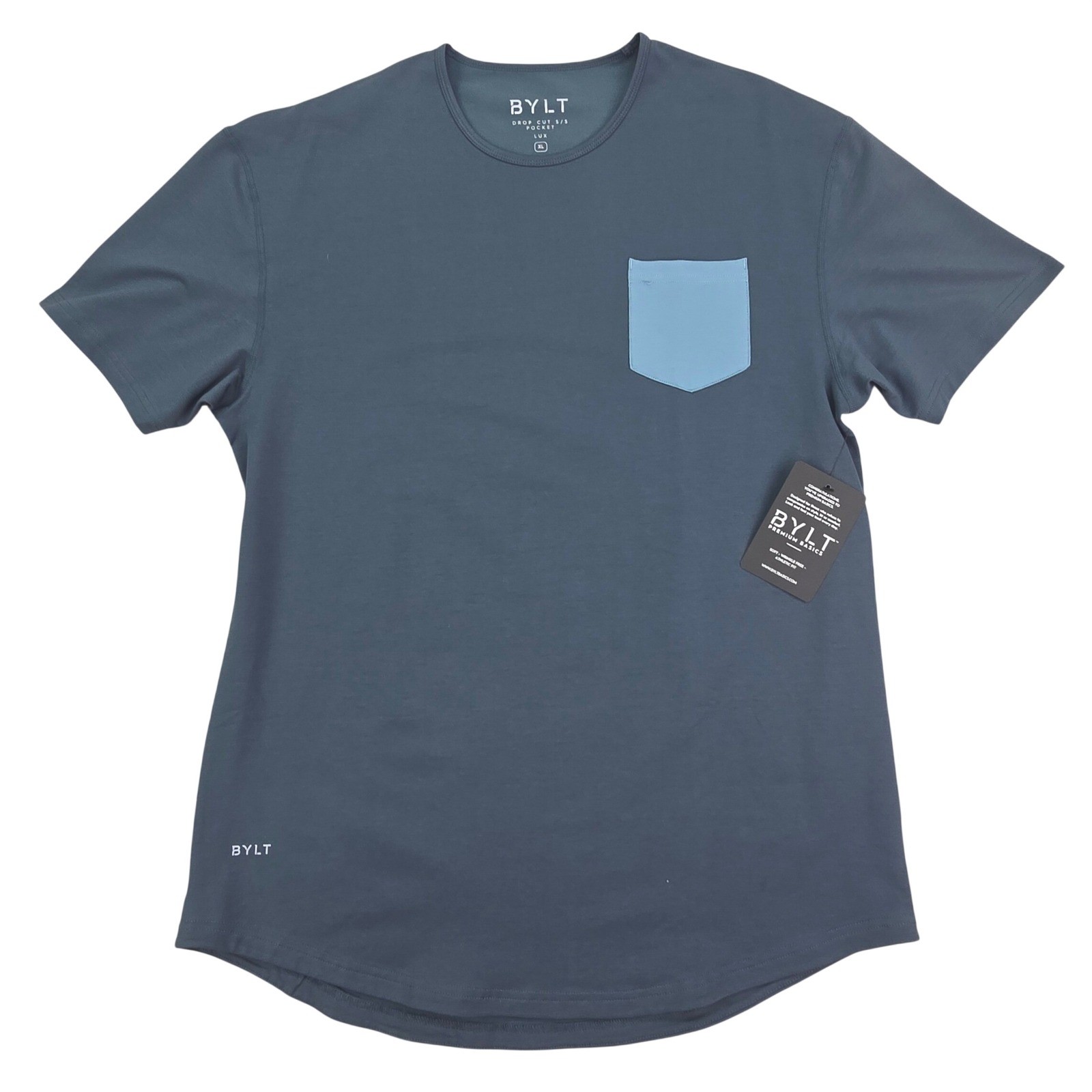 BYLT Drop Cut Lux Pocket Tee Mens XL Blue Short Sleeve Athletic Fit Curved Hem