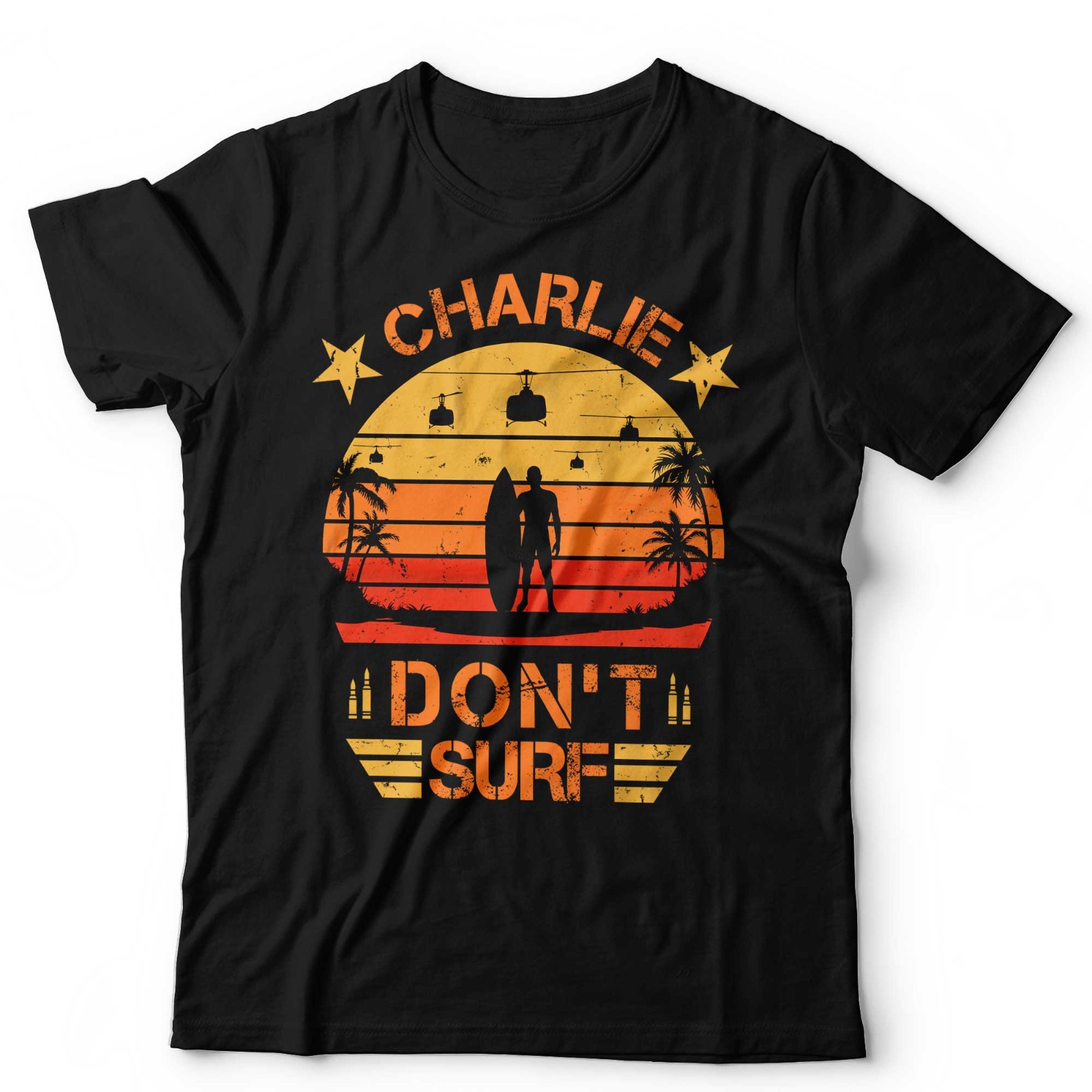 Charlie Don’t Surf T-Shirt Retro Vietnam War Apocalypse Movie Quote Beach Tee
