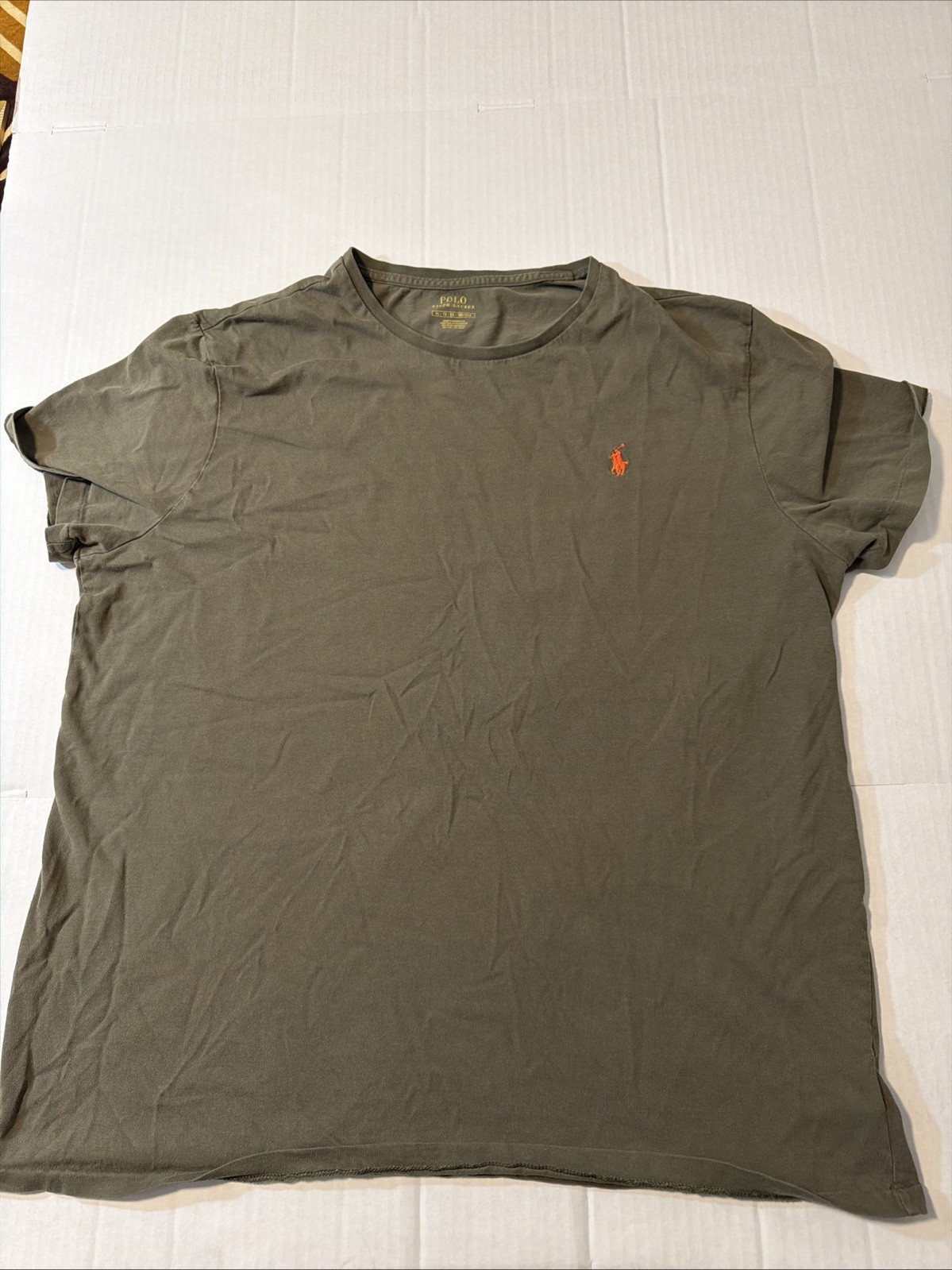 Polo Ralph Lauren Shirt Men XL Olive Green Orange Pony Crew Neck Short Sleeve