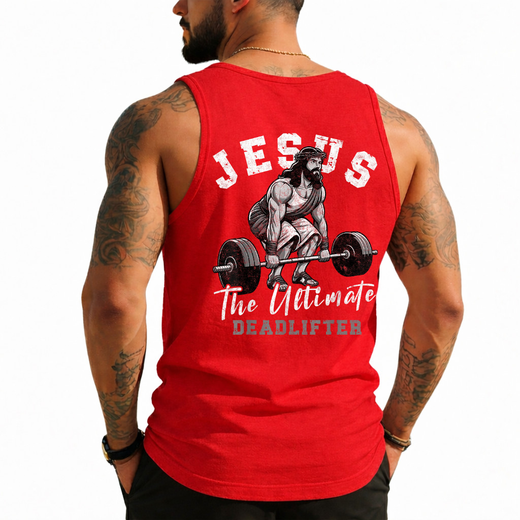 Jesus The Ultimate Deadlifter Funny Christian Workout Gym (On Back) Tank Top