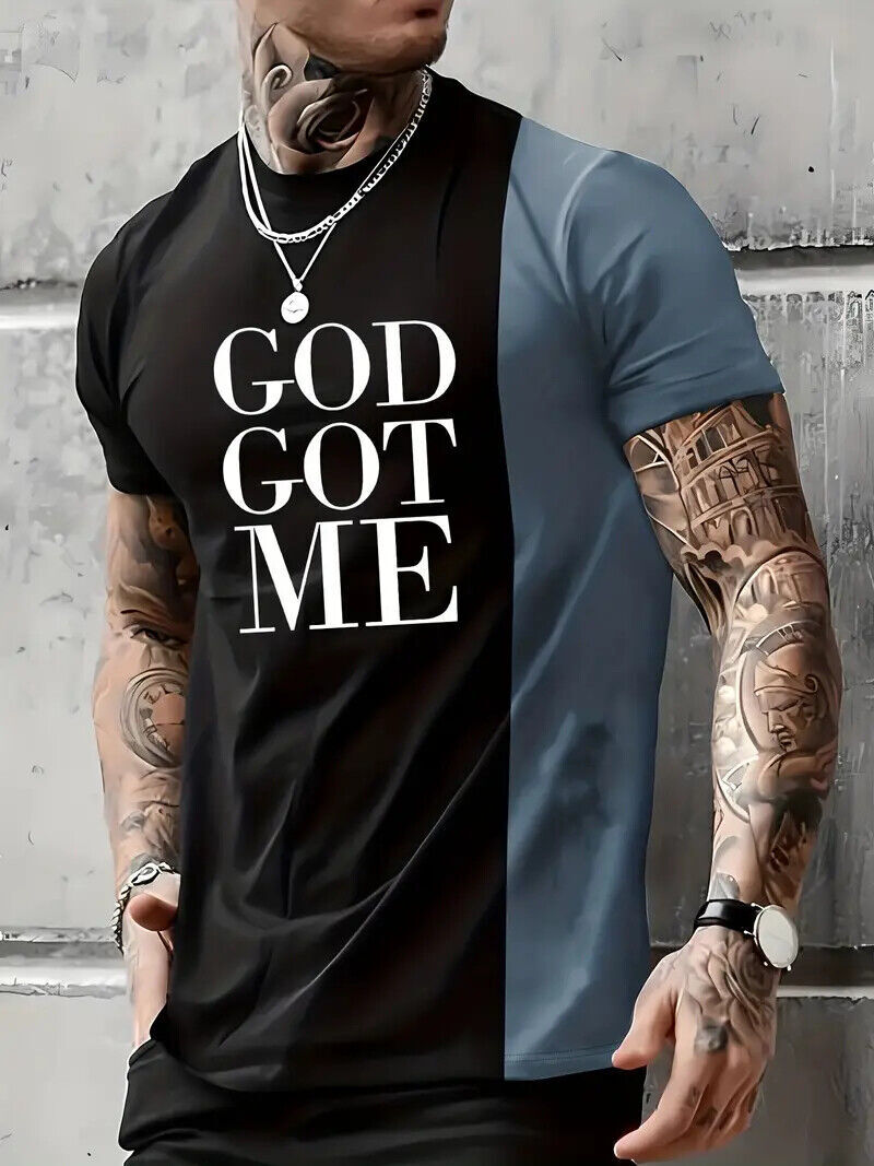 T Shirts GOD GOT ME Color Block Black Blue Fashion Christian Casual Short Sleeve