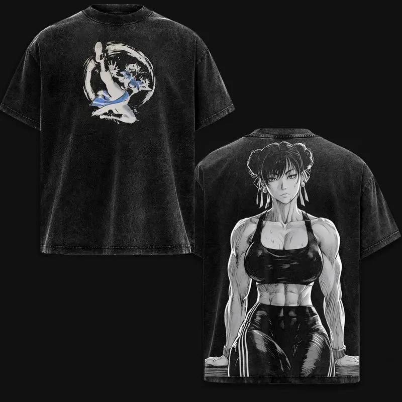 Chun Li Street Fighter Double Printed Vintage Oversized Cotton T Shirt