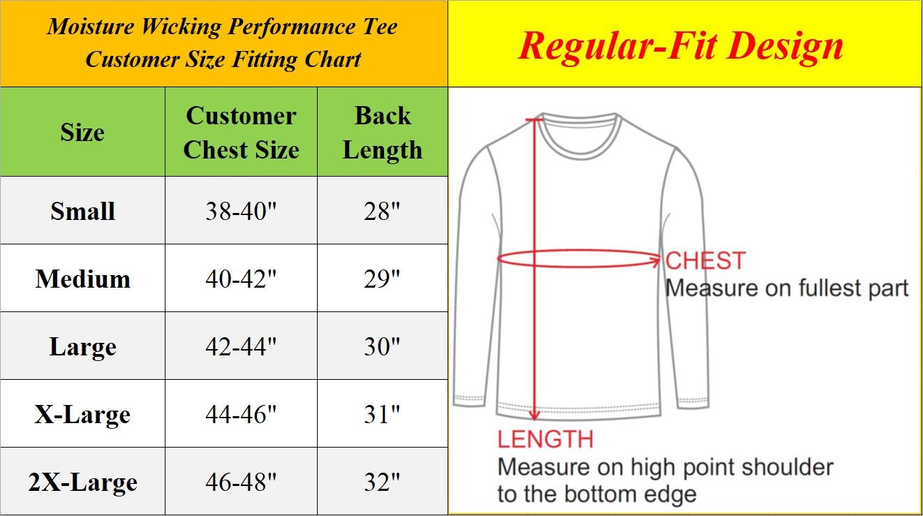 Men’s Moisture Wicking Long Sleeve Performance Crew Neck Tagless Tee-NEW , S-2XL