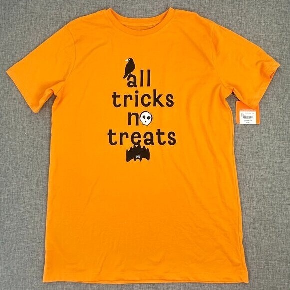NEW Halloween Shirt Apricot/ Orange All tricks n treats Crow Bat Skull Print