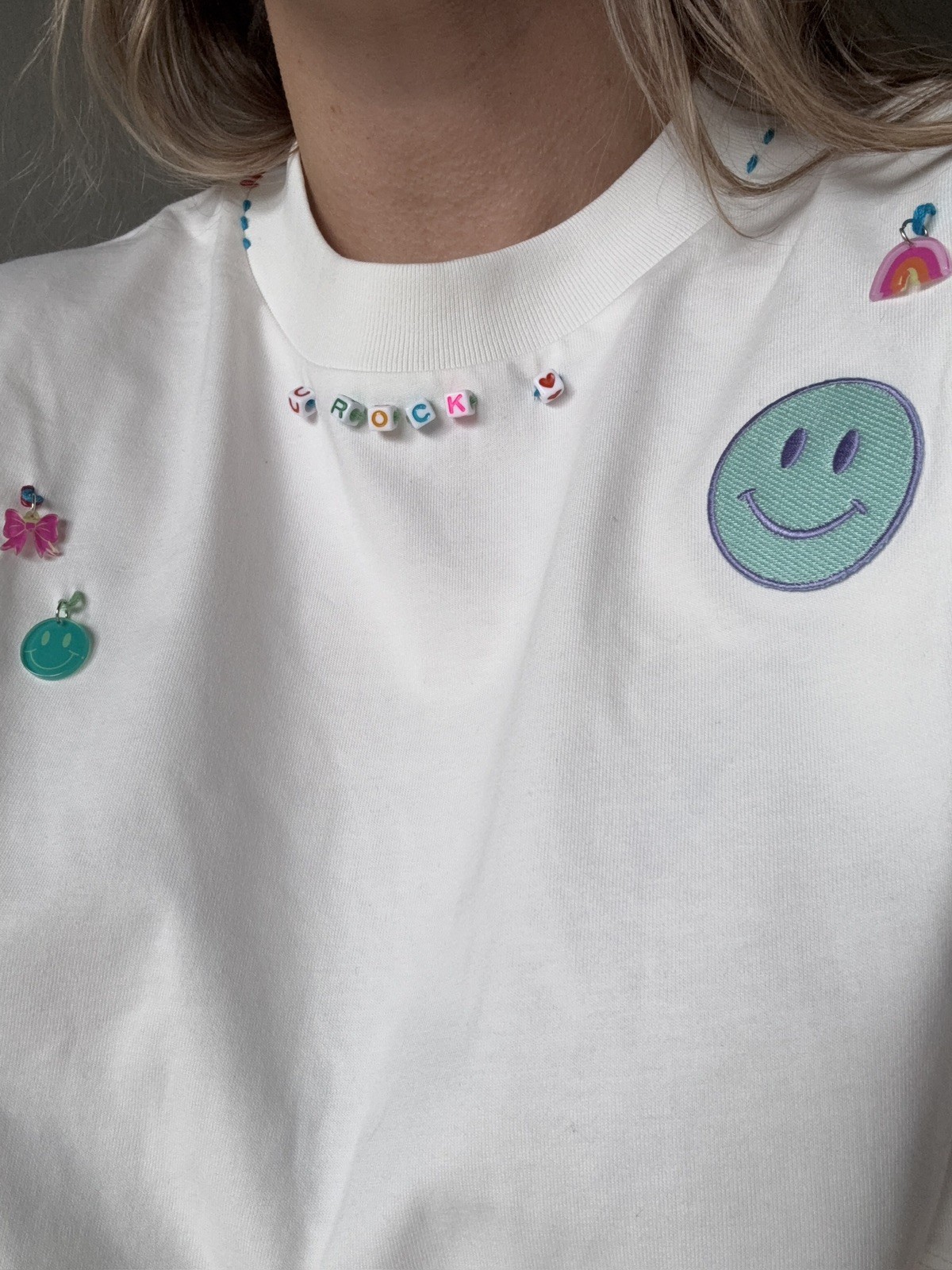 Oversized White Shirt Y2K Smiley Beaded Charms Handmade Stelle Brand