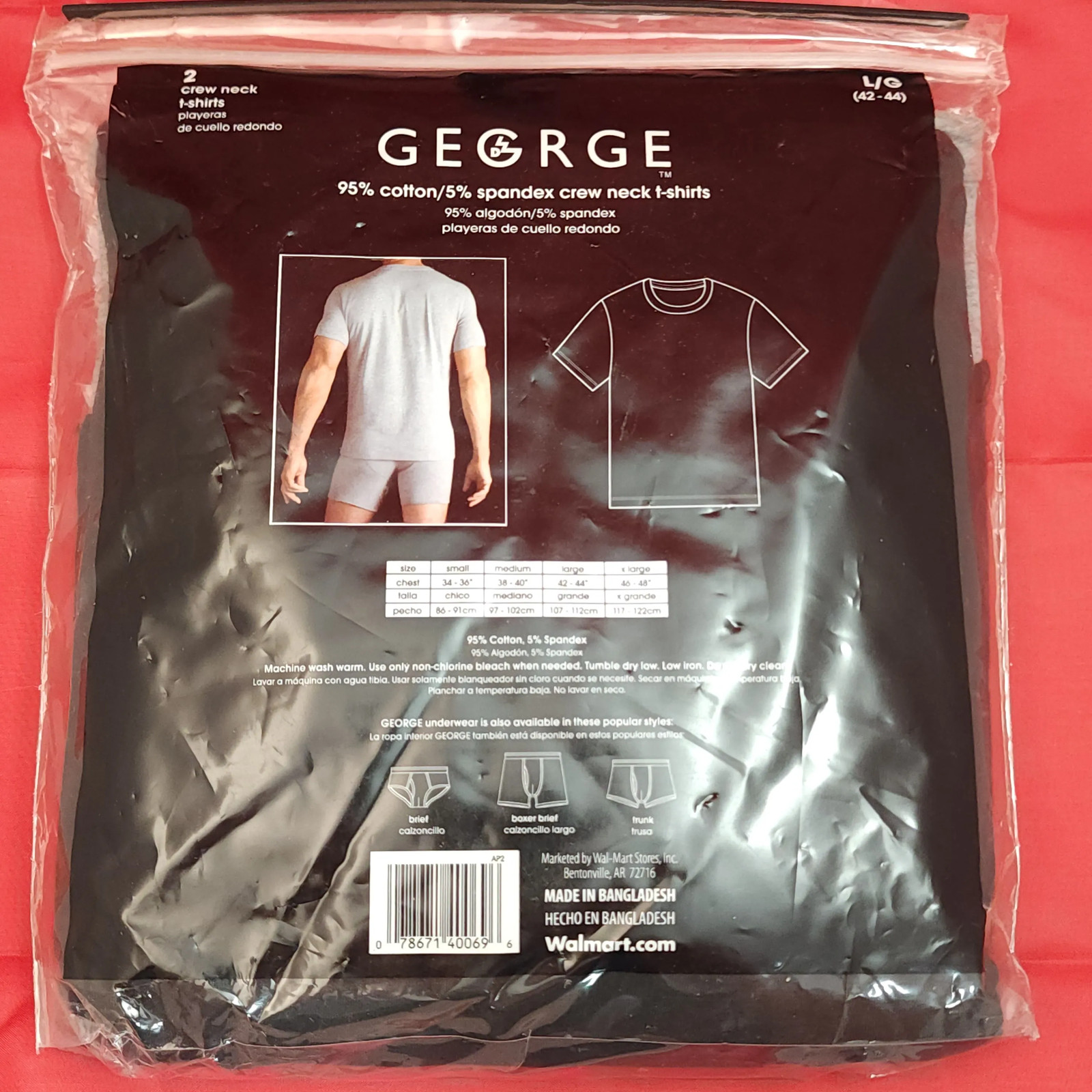 George Men’s 2-Pack Crew Neck T-Shirts 95% Cotton/5% Spandex L/G Gray & Black