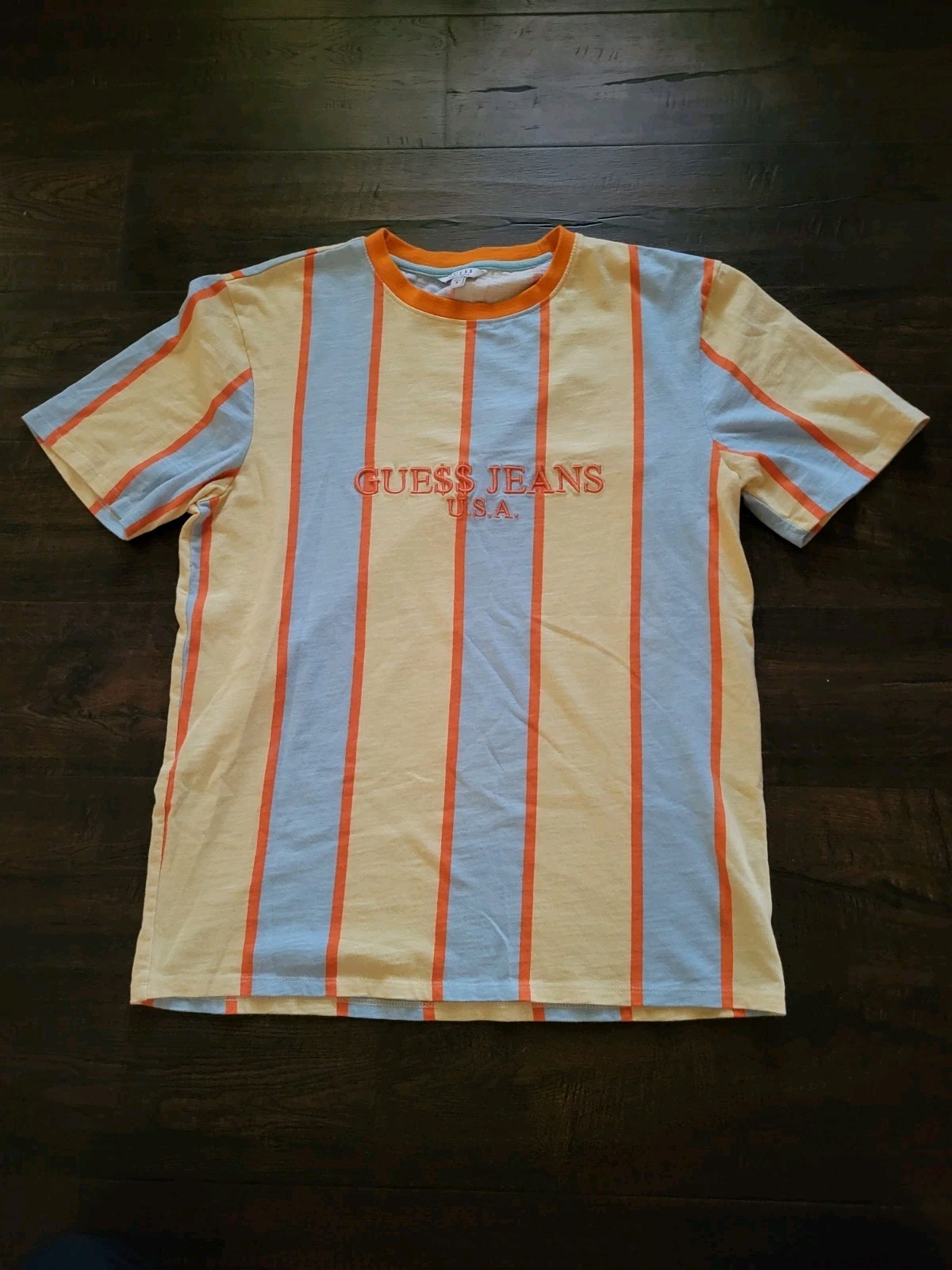GUESS Originals GUE$$ Jeans Striped Embroidered Logo T-Shirt Yellow Blue S