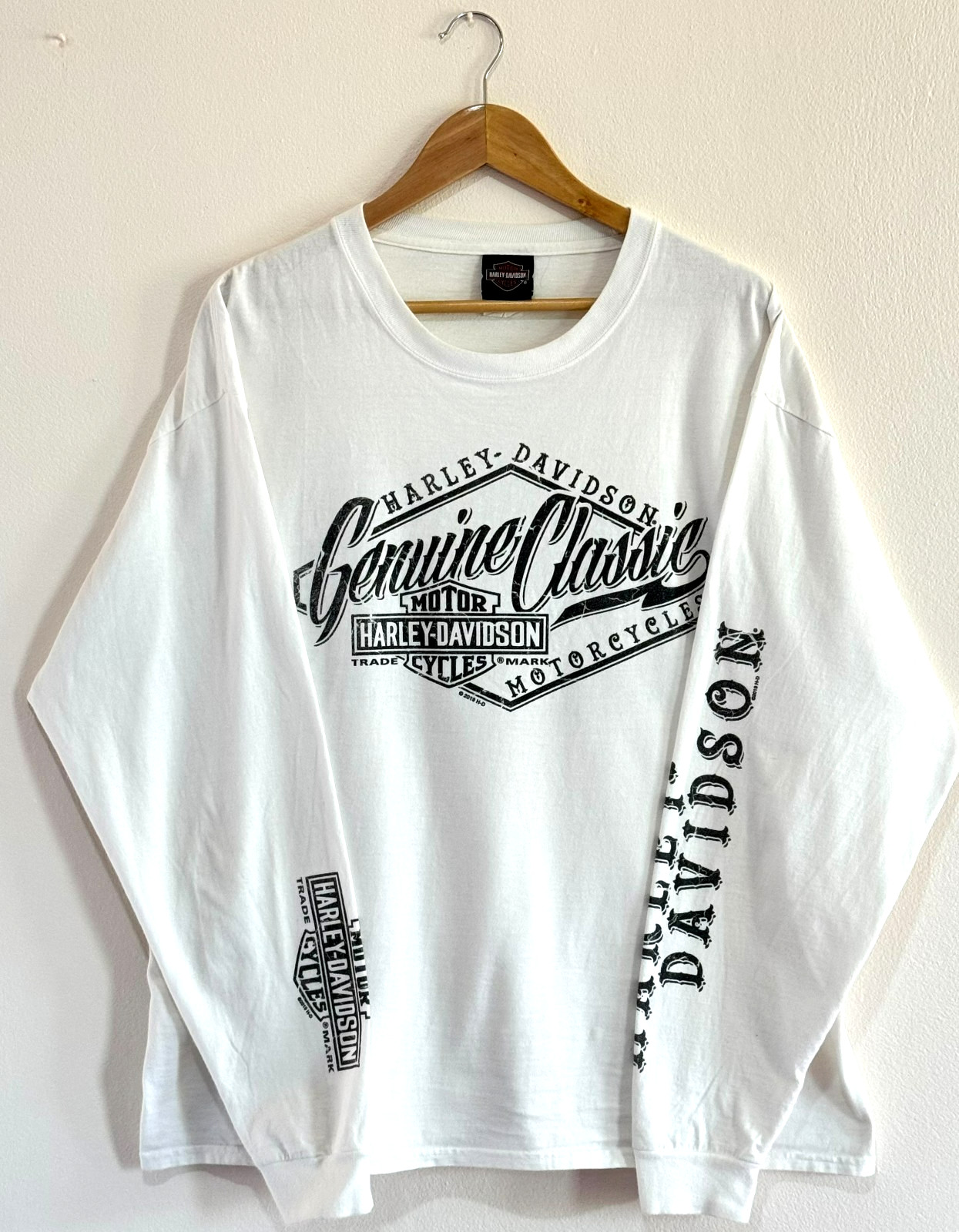 Harley Davidson Oakland CA Long Sleeve Shirt Mens XL White Spell Out Sleeve Bike