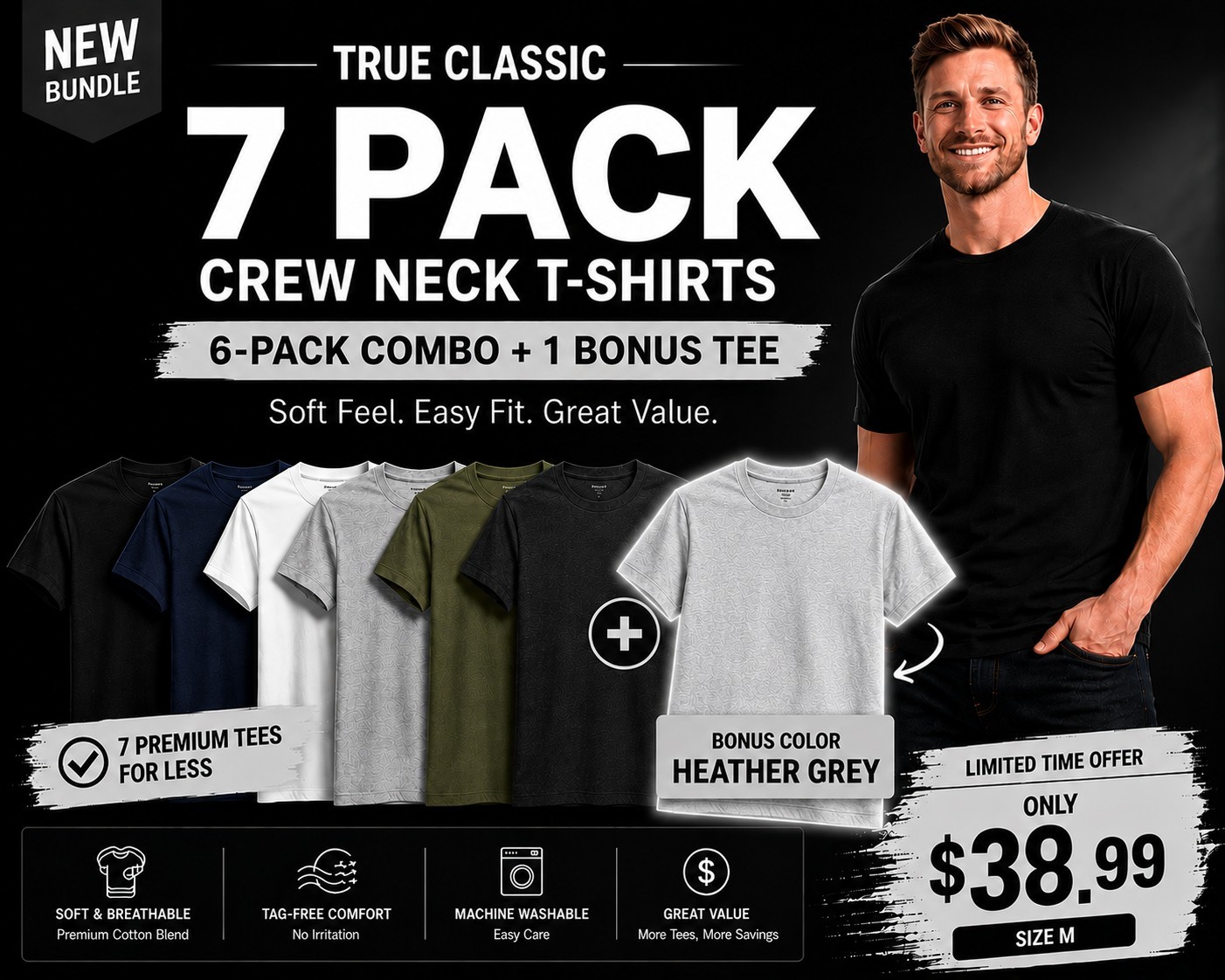 🔥 True Classic 7-Pack Crew Neck T-Shirts | Size M | + Bonus H.Grey Tee