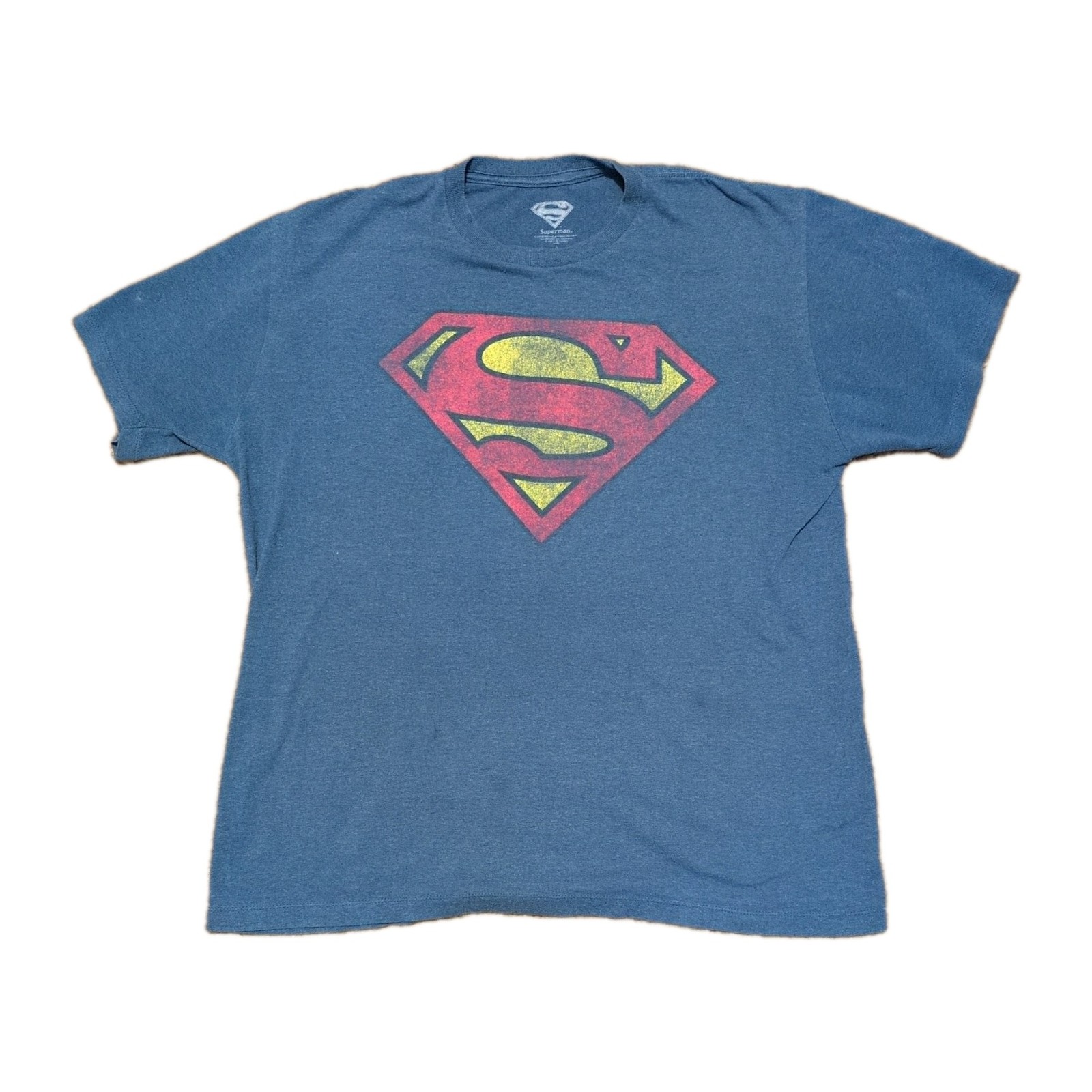 Superman Shield Blue Heather T-Shirt Mens Large Distressed Graphic Tee
