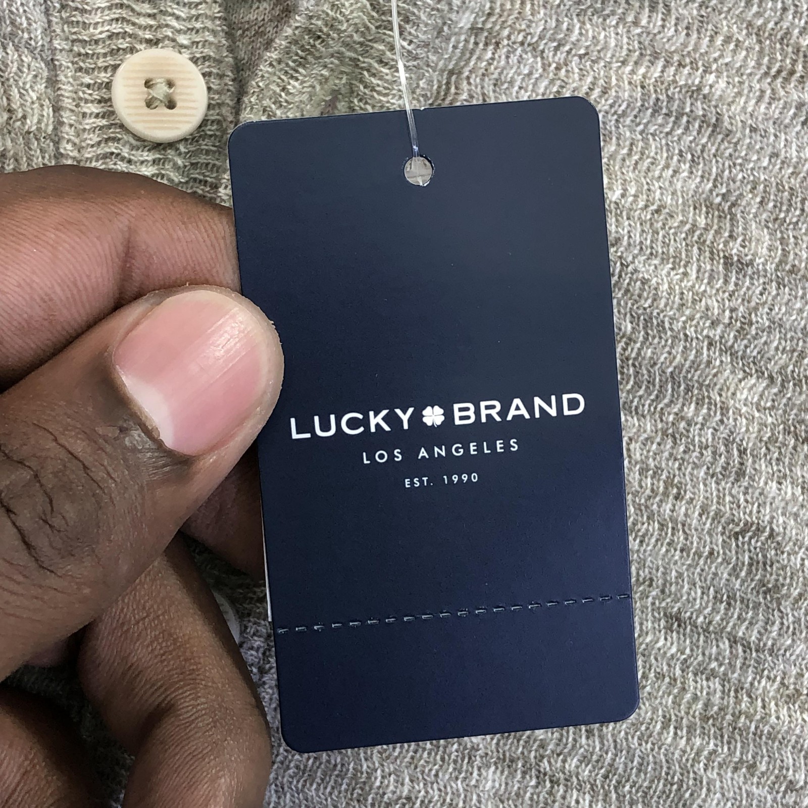 Lucky Brand Shirt Mens Medium Beige Jacquard Henley Long Sleeve Knit Tee Sample