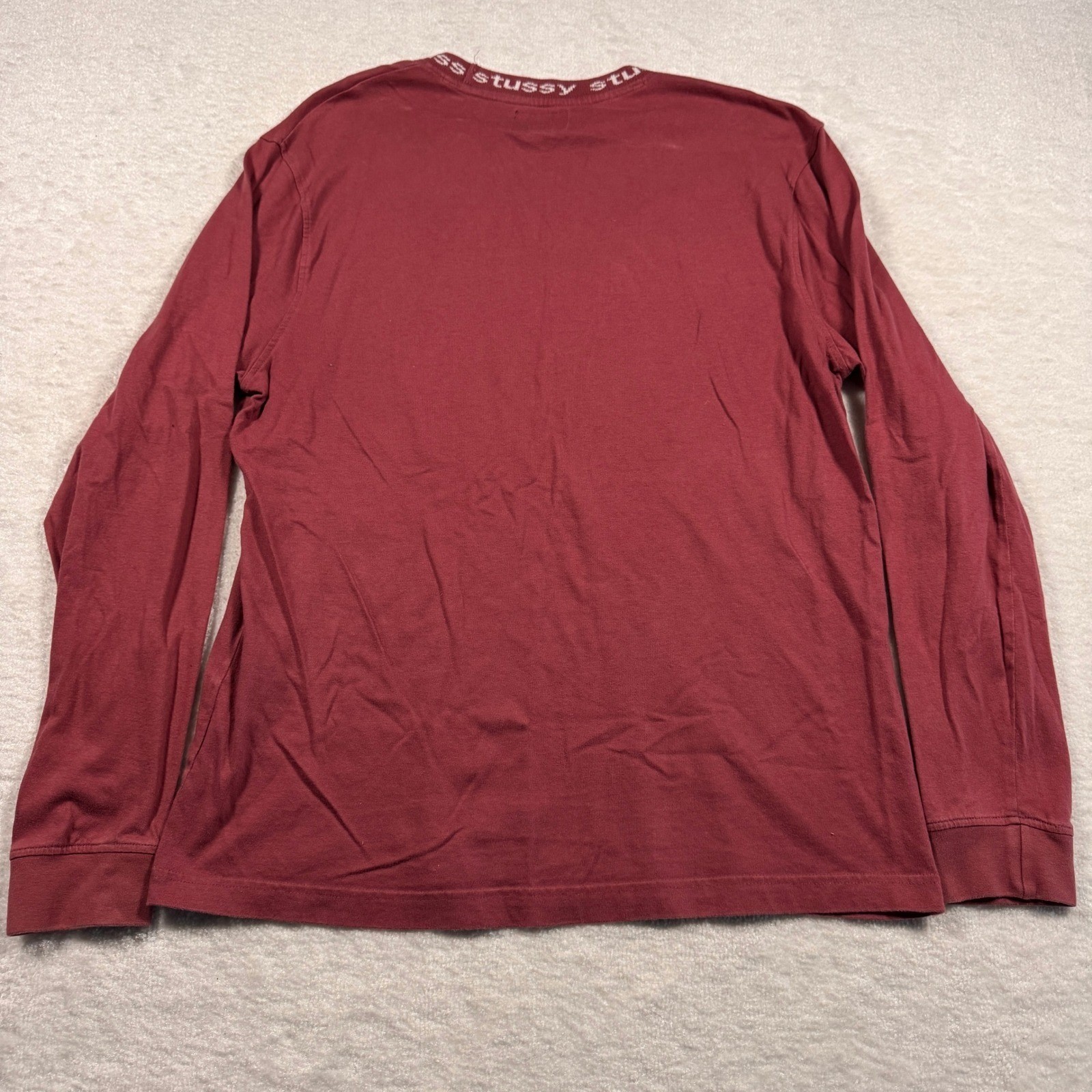 Stussy Mens Long Sleeve Logo Ribbed Collar T-Shirt Burgundy Red Size Small