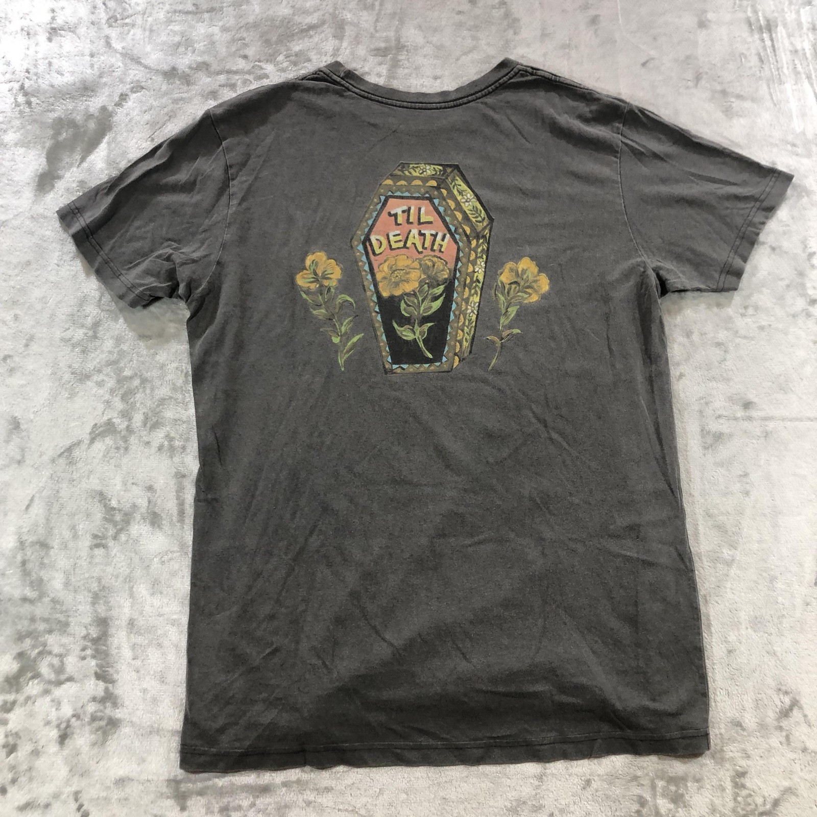 RVCA Shirt Mens Large Gray Aged Dryhand Tee Chest Pocket Til Death Back Graphic