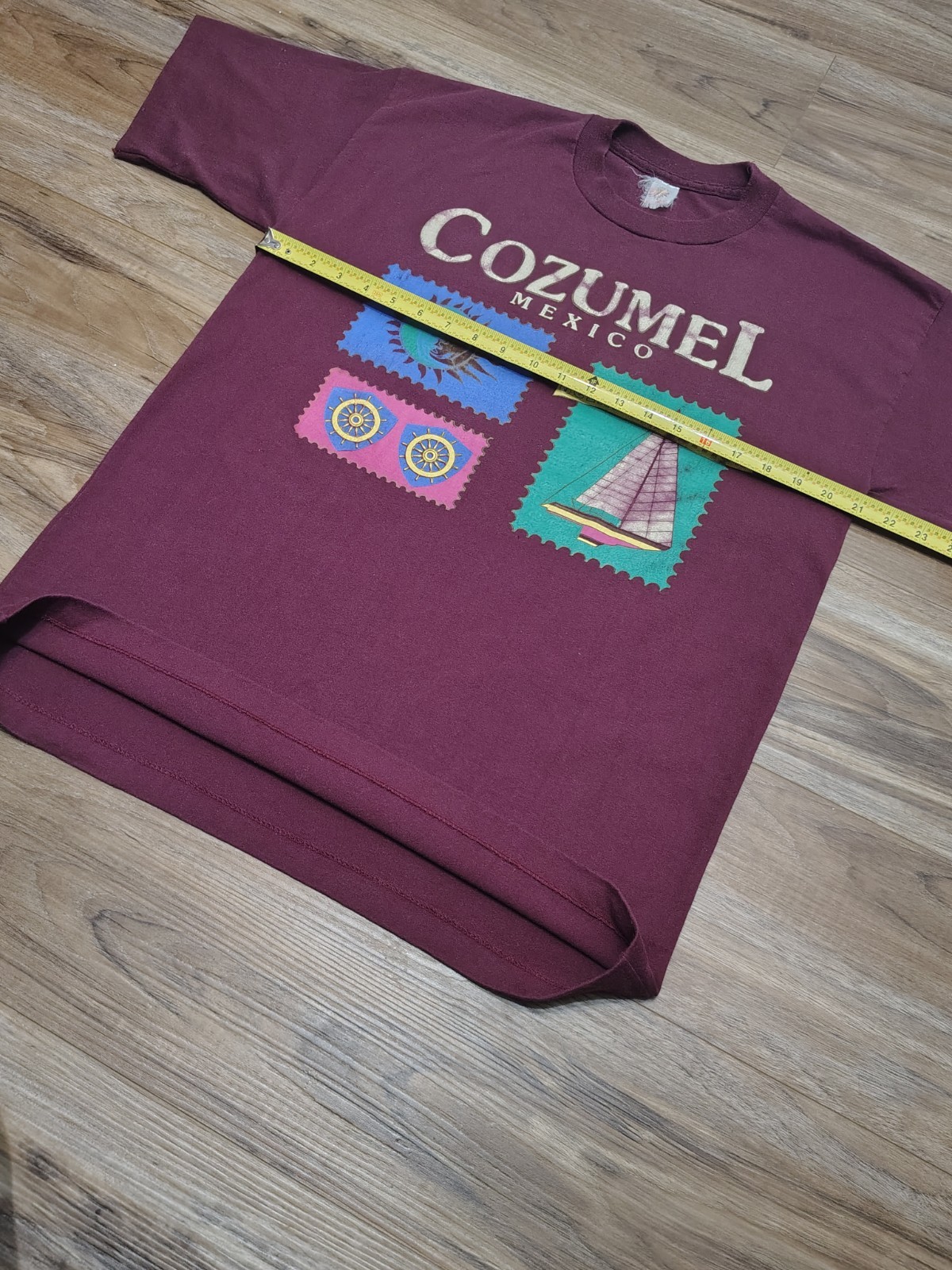 Vtg Cozumel Mexico Single Stitch Graphic Tee Sailboat Sun Stamp Tourist Maroon L