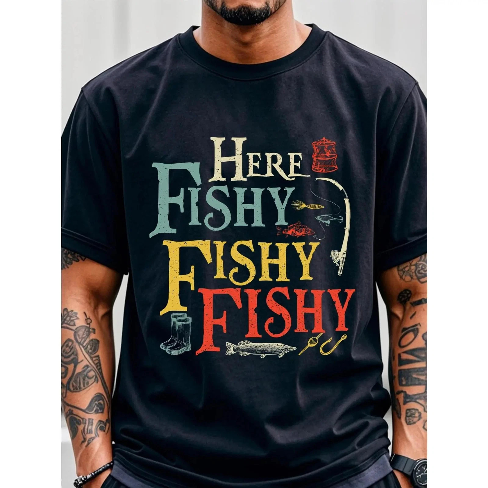 Men’s “Here Fishy Fishy” Graphic T-Shirt – 100% Cotton Breathable Quick-Dry Crew