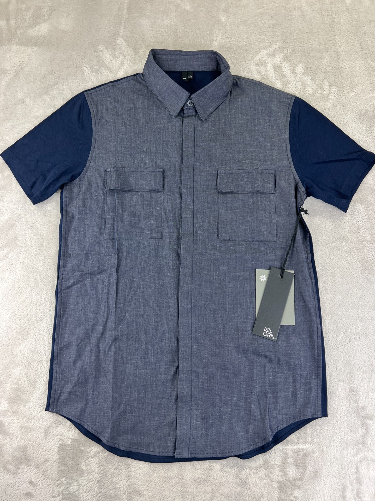 ISAORA Chambray BUTTON DOWN SHIRT SMALL Knit Back Blue Made in USA NEW w/ tags!!