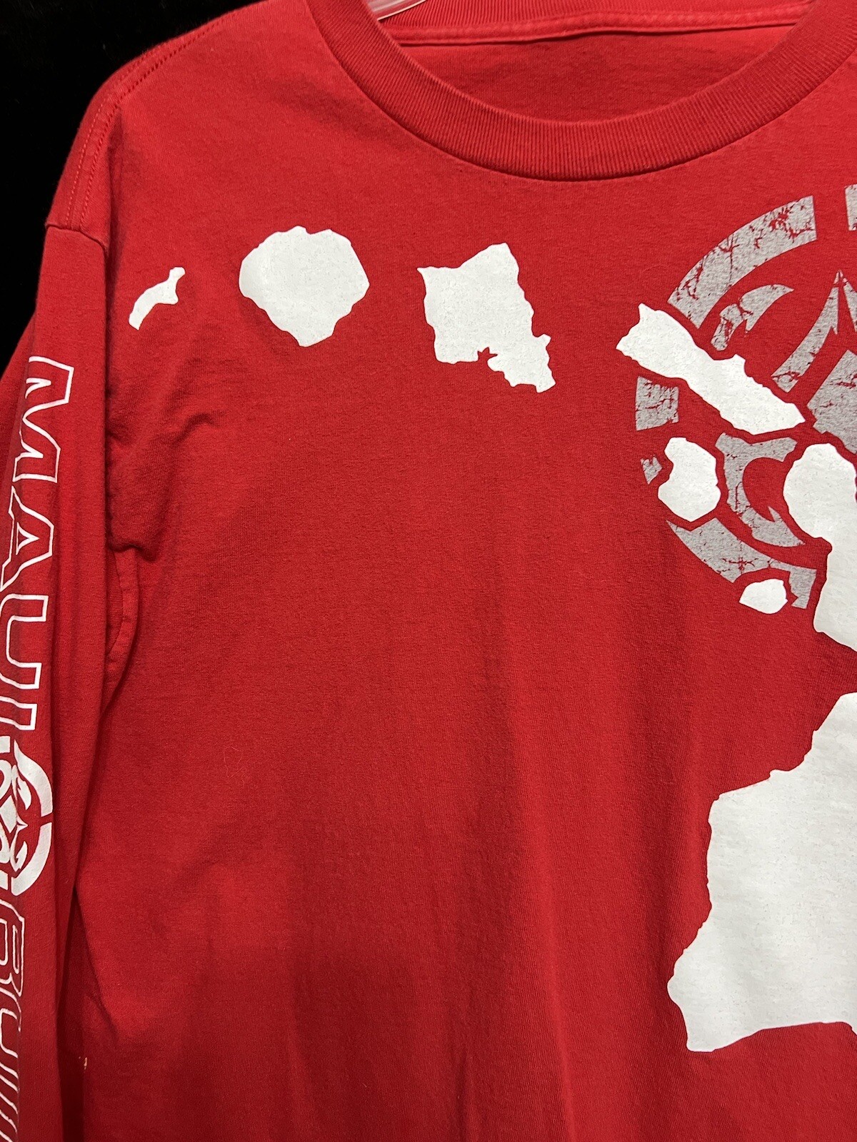 Maui Mens Red Long Sleeve Jersey t-shirt W/Graphic Print Front & Sleeves Sz Lg
