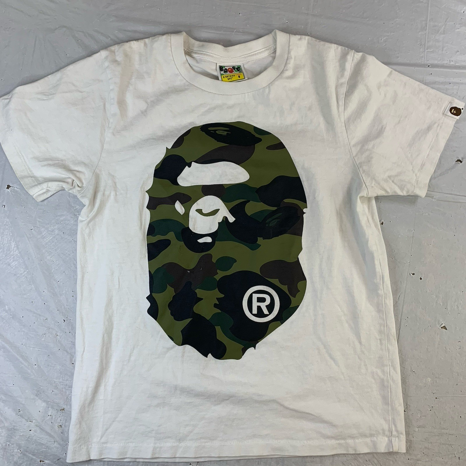 BAPE A Bathing Ape Size 8 Ladies White T-Shirt Green Camo Head