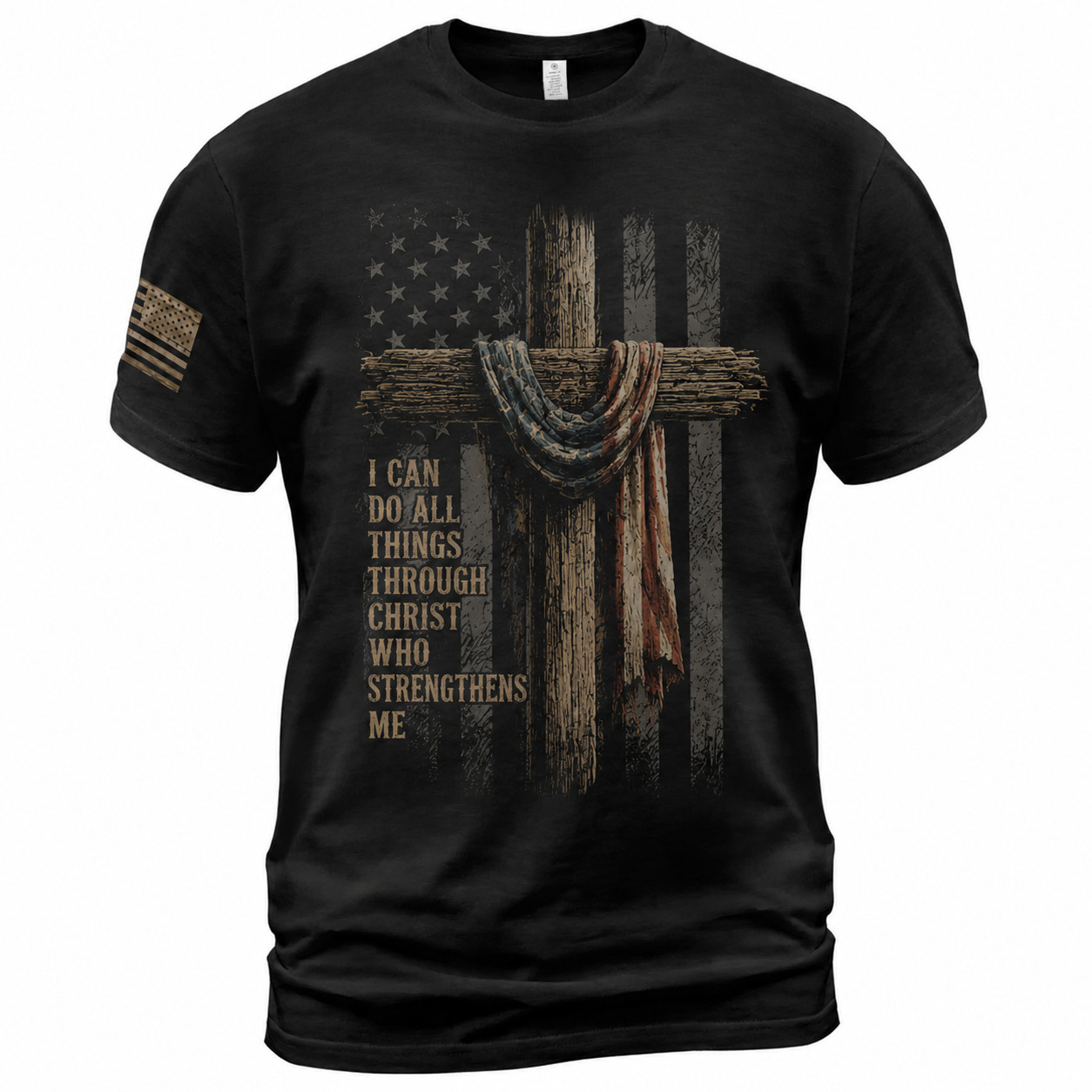 Patriotic Christian Cross T-Shirt American Flag Faith Scripture Graphic Tee