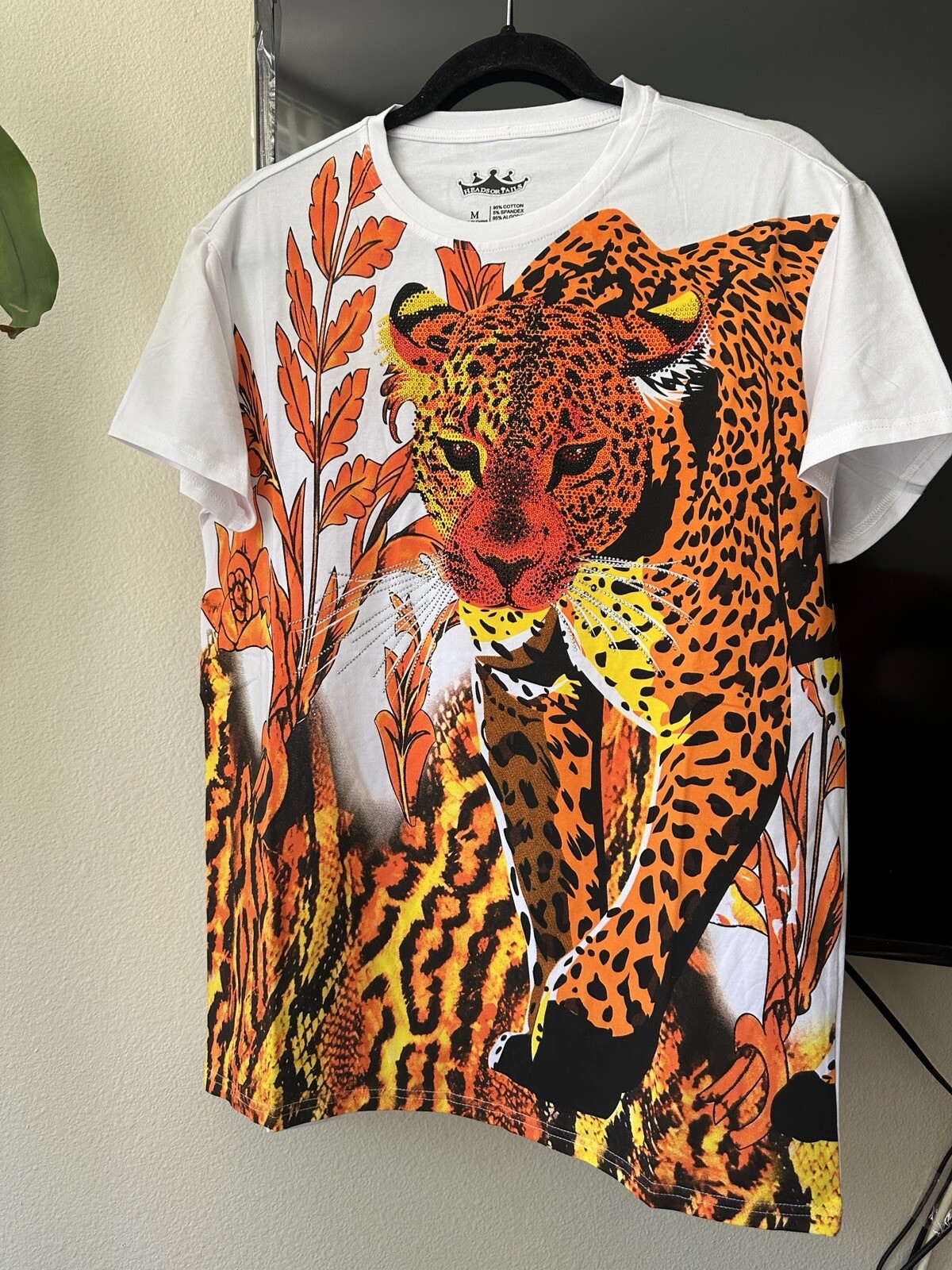 Head or Tails Men’s Rhinestones Beaded / White/Orange Tiger T-shirt Size M