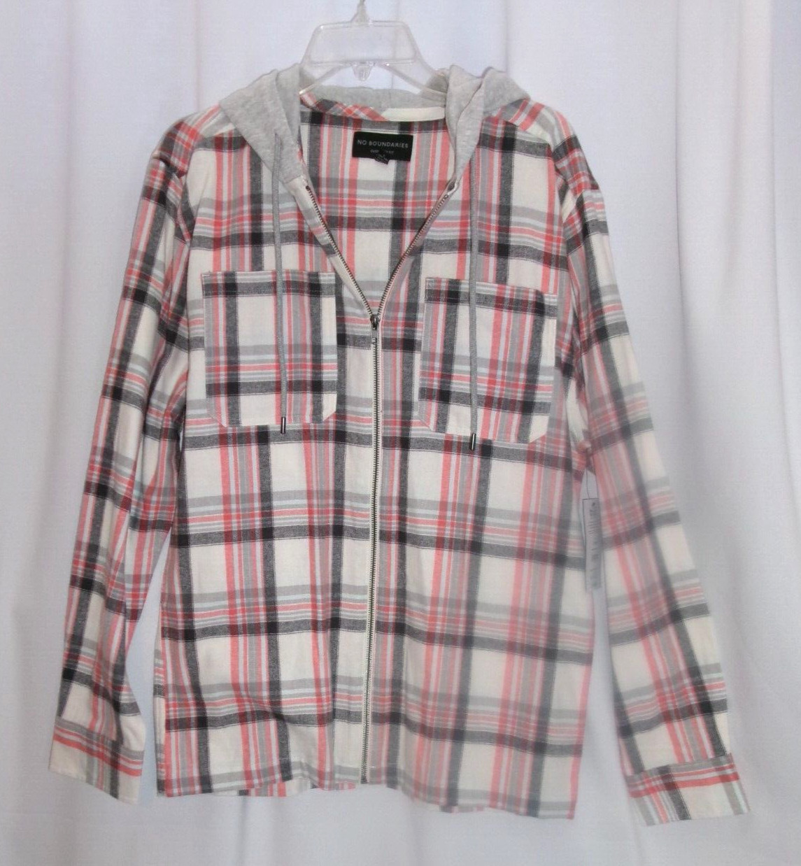 NWT No Boundaries Men’s S 34-36 Zip Hooded Gray Plaid Lightweight Flannel Shirt