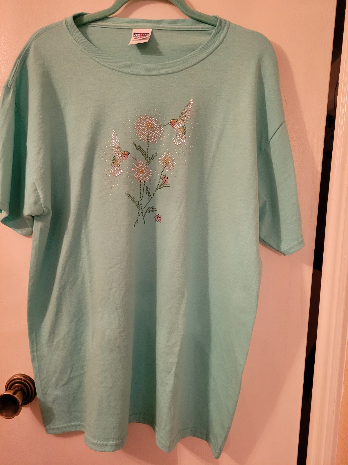 Jerzees Dri Power Active T Shirt Womens L/XL Aqua Green Studded Birds Flowers