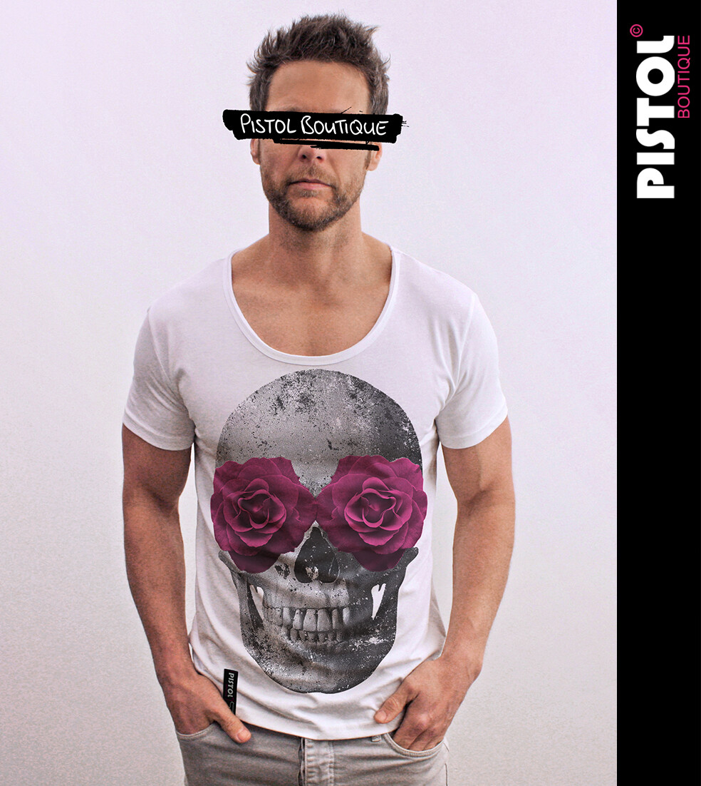 Pistol Boutique Men’s Fitted White Round Scoop Neck ROSE EYES SKULL T-shirt