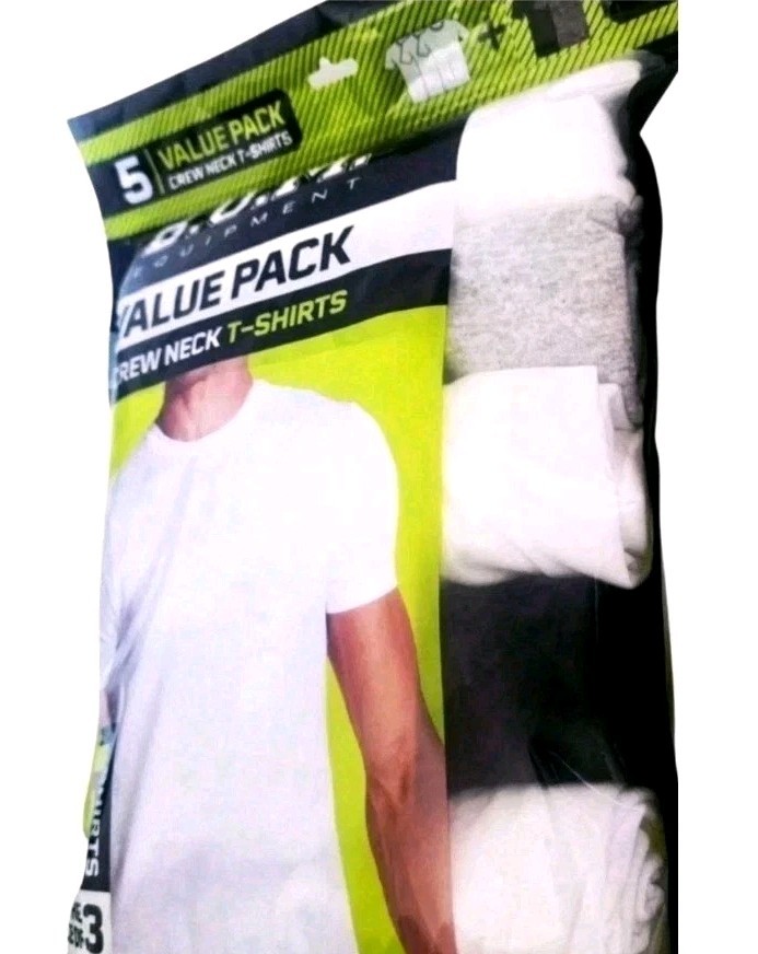 BUM 5x Value Pack Men’s T-shirts, Cotton (3 White, 1 Gray, & 1 Black), Large