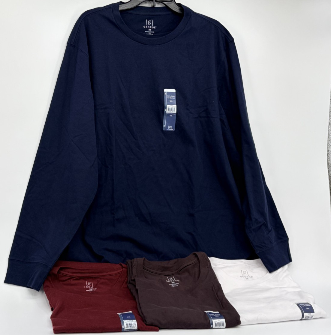 George Mens Long Sleeve Easy Care Crew Neck Causual T-shirts Cotton Lot of 4 3XL
