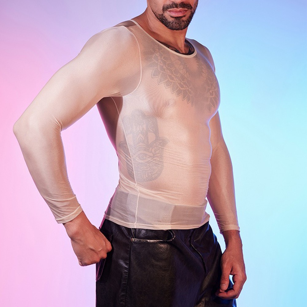 Men’s Oil Shiny See Through Long Sleeve Sheer Tights Top Sexy Lingerie Shirt
