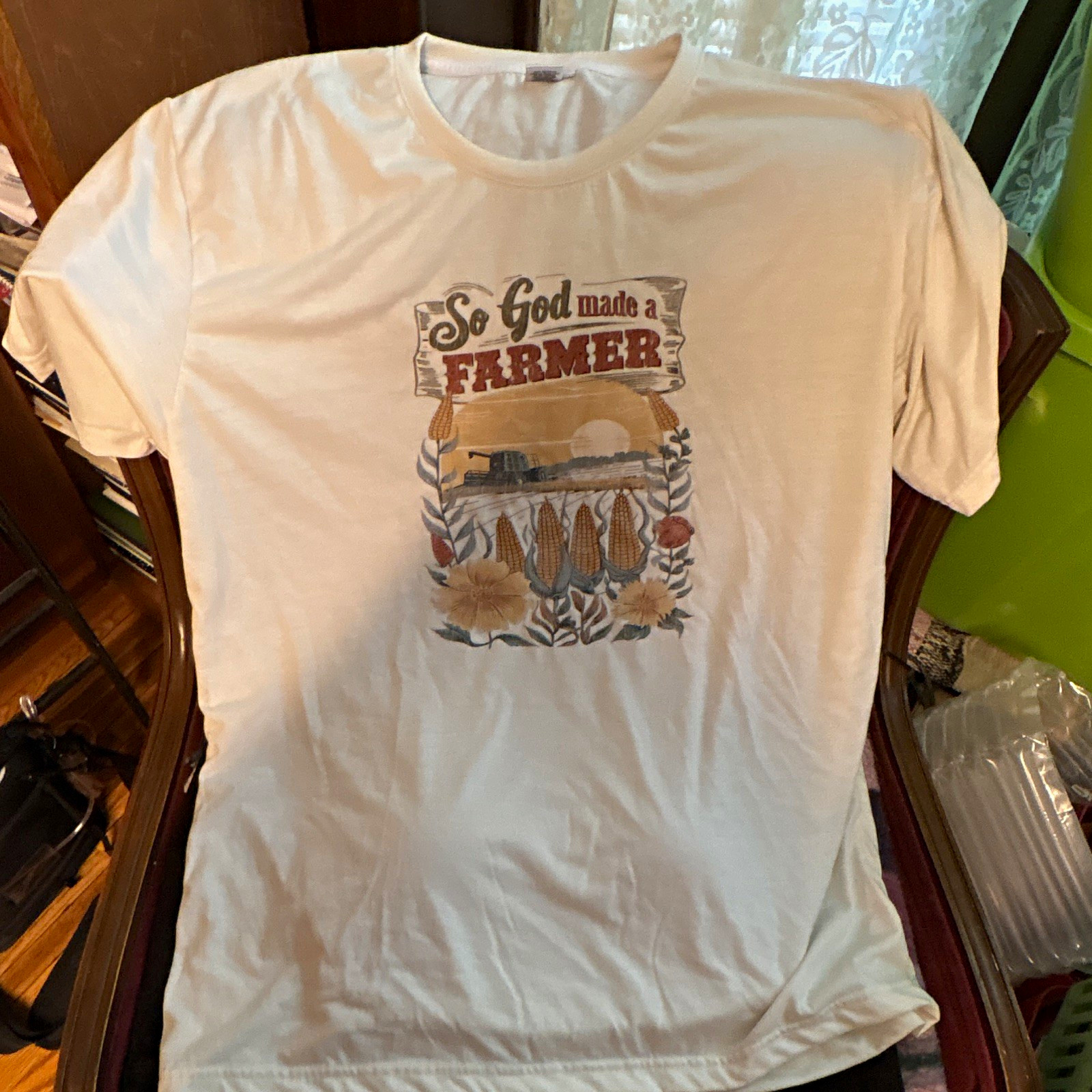 simpli BLANKS White Farm Religious Graphic Print Men’s XL Crew Neck T-Shirt