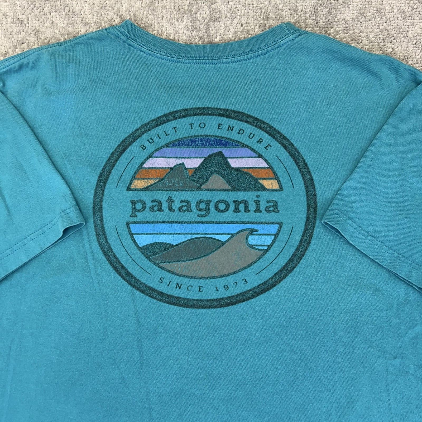 PATAGONIA Men T-Shirt Built To Endure Mountains Graphic Outdoor Teal Size Medium