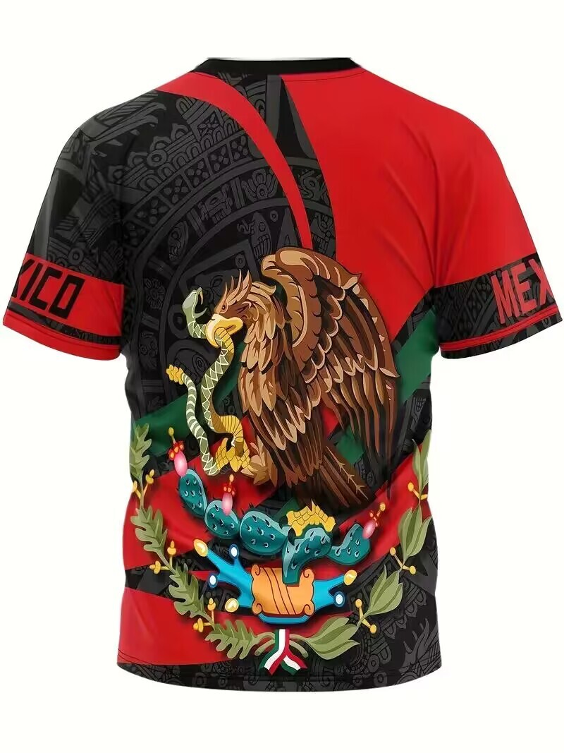 T Shirt Mexican Aztec Eagle Cactus Fashion Mexico Men Short Sleeve Red Black Tee