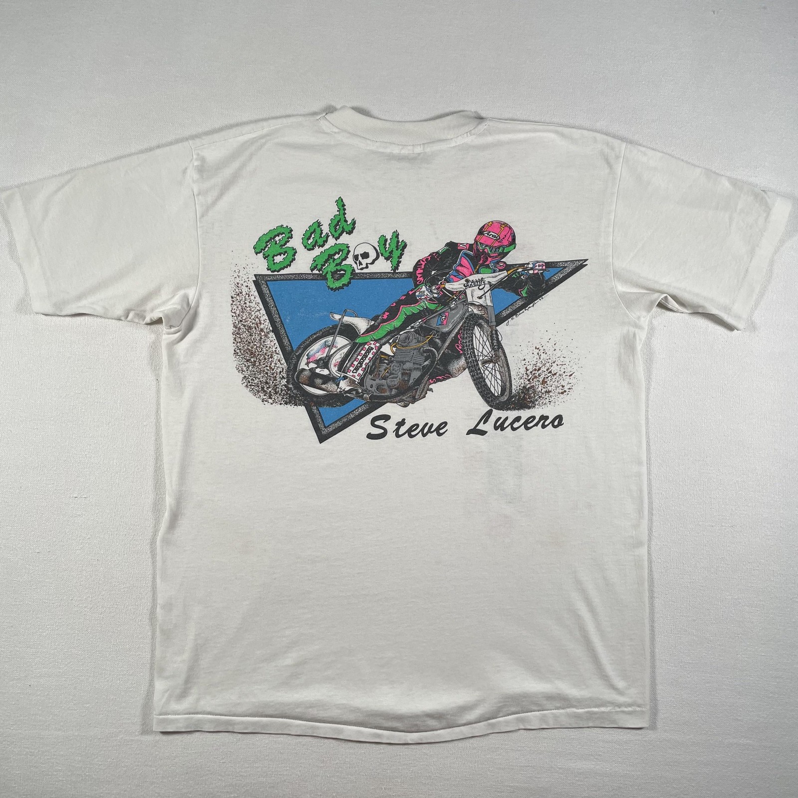 Vintage Speedway Racing Steve Lucero Shirt Mens Large White Bad Boy Signed 80s