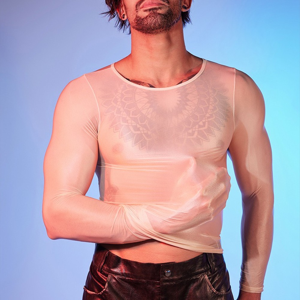 Men’s Oil Shiny See Through Long Sleeve Sheer Tights Top Sexy Lingerie Shirt