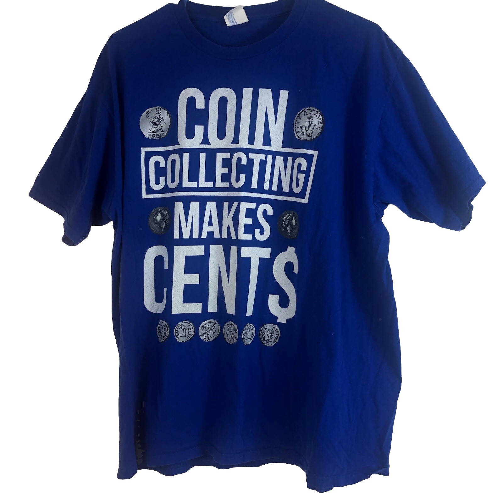 Mens Large Coin Collecting Makes Cents Cotton T-Shirt Port & Company Blue