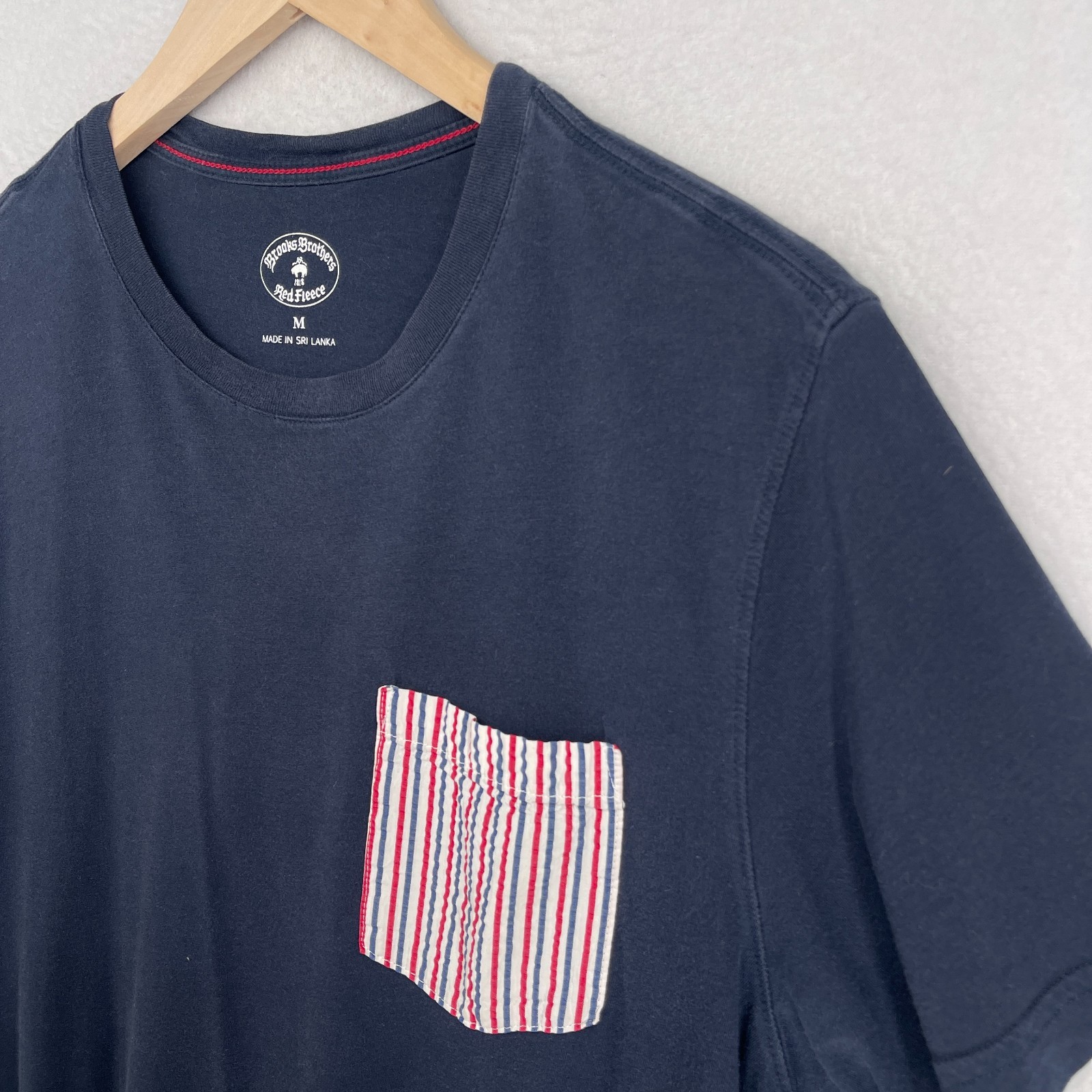 BROOKS BROTHERS Shirt Mens M RED FLEECE Contrast Striped Pocket Tee Cotton Blue