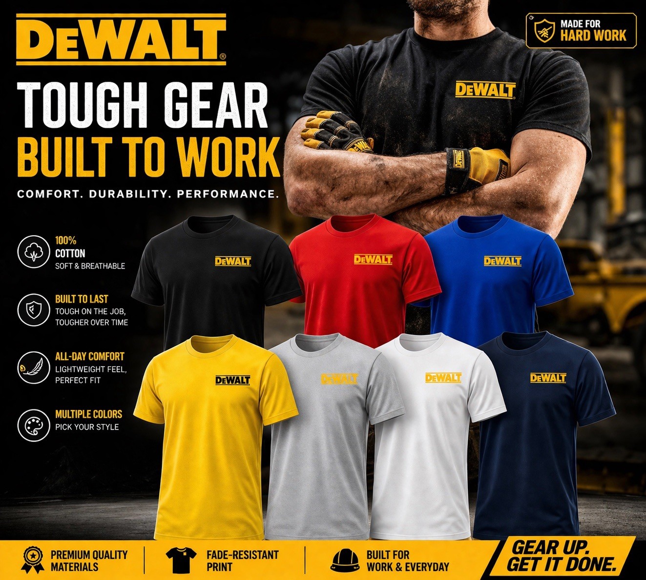 DeWALT Style T-Shirt 100% Cotton Workwear Tee Dewalt Clothing S-3XL DeWalt drill