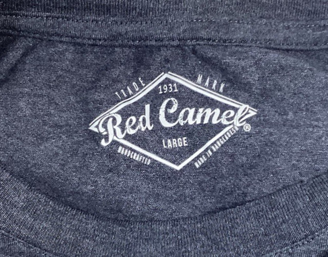 Red Camel Mens SIze L Short Sleeve T-Shirt/Blue-Gray with Orange Stripes/Pocket
